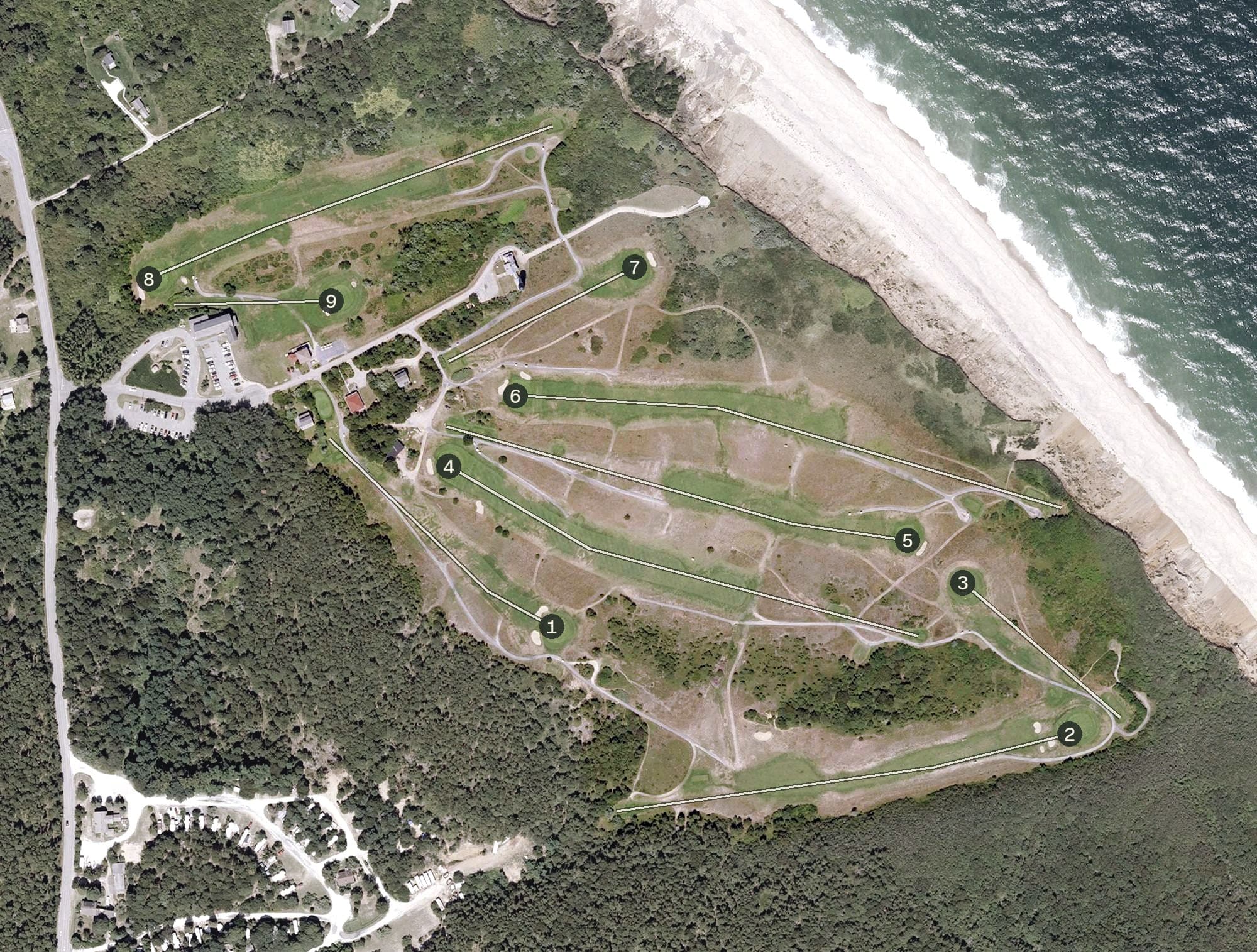 Aerial view of Highland Links, MA, with its hole routing marked