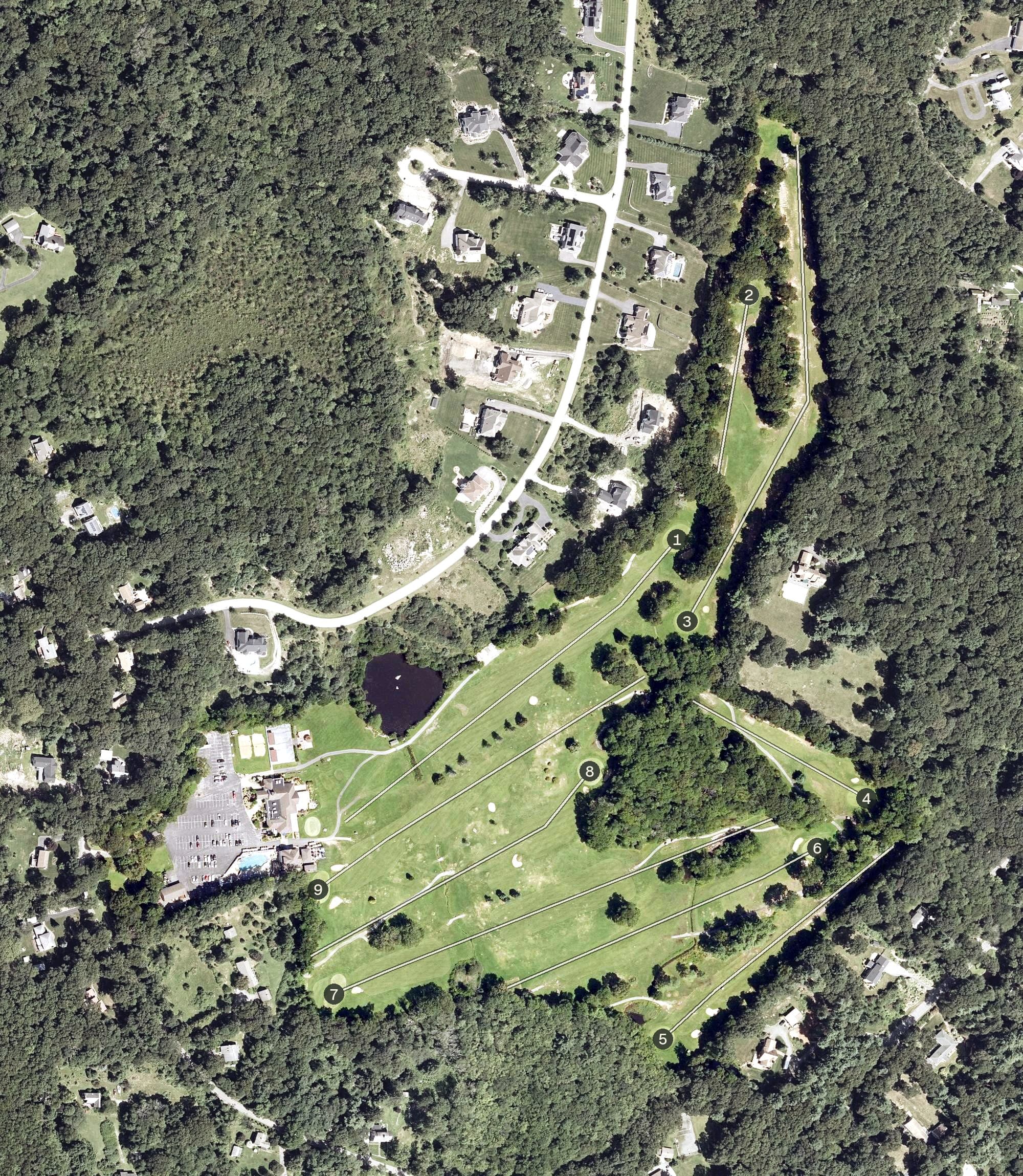 Aerial view of Hillside Country Club, MA, with its hole routing marked