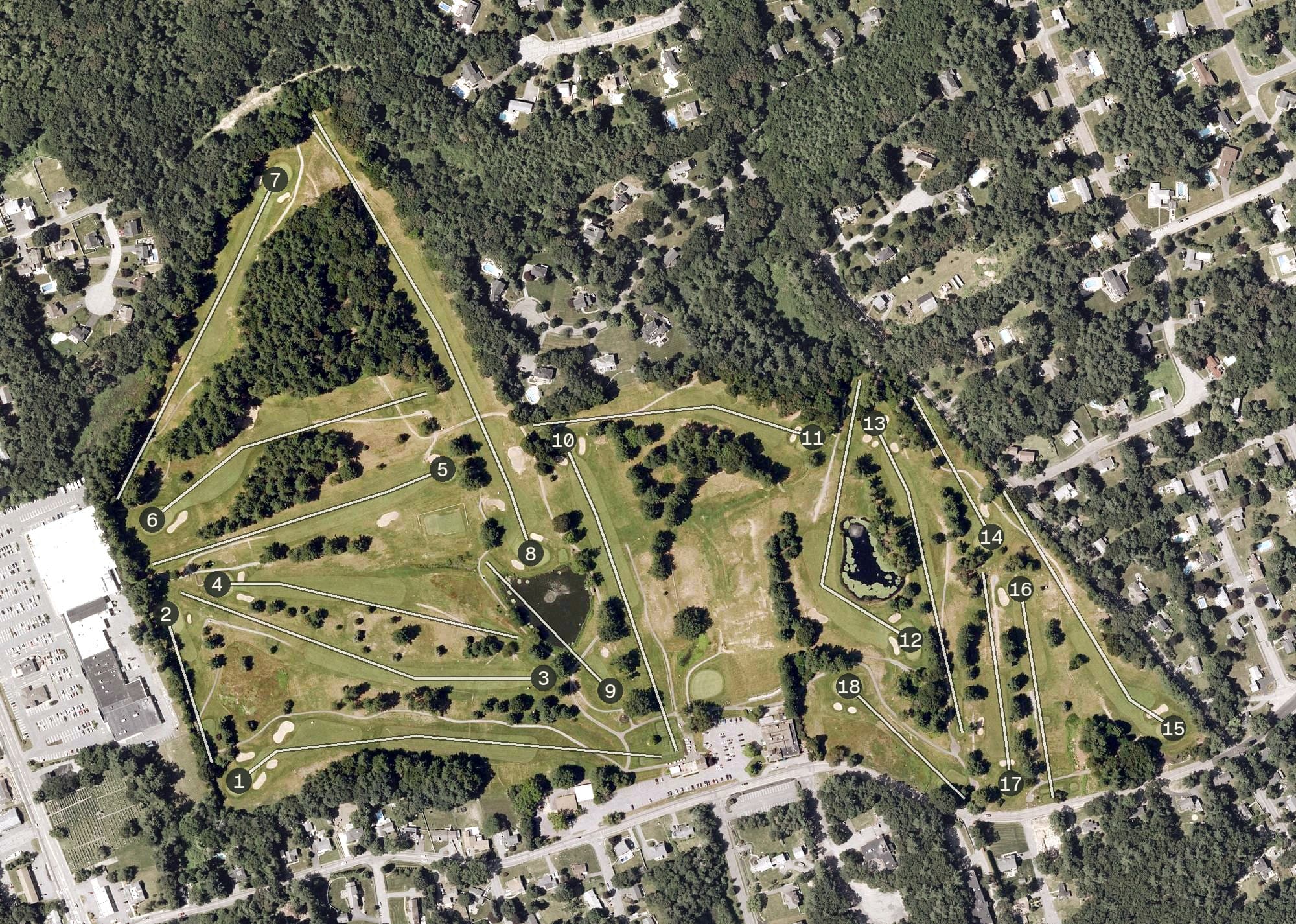 Aerial view of Hillview Golf Course, MA, with its hole routing marked