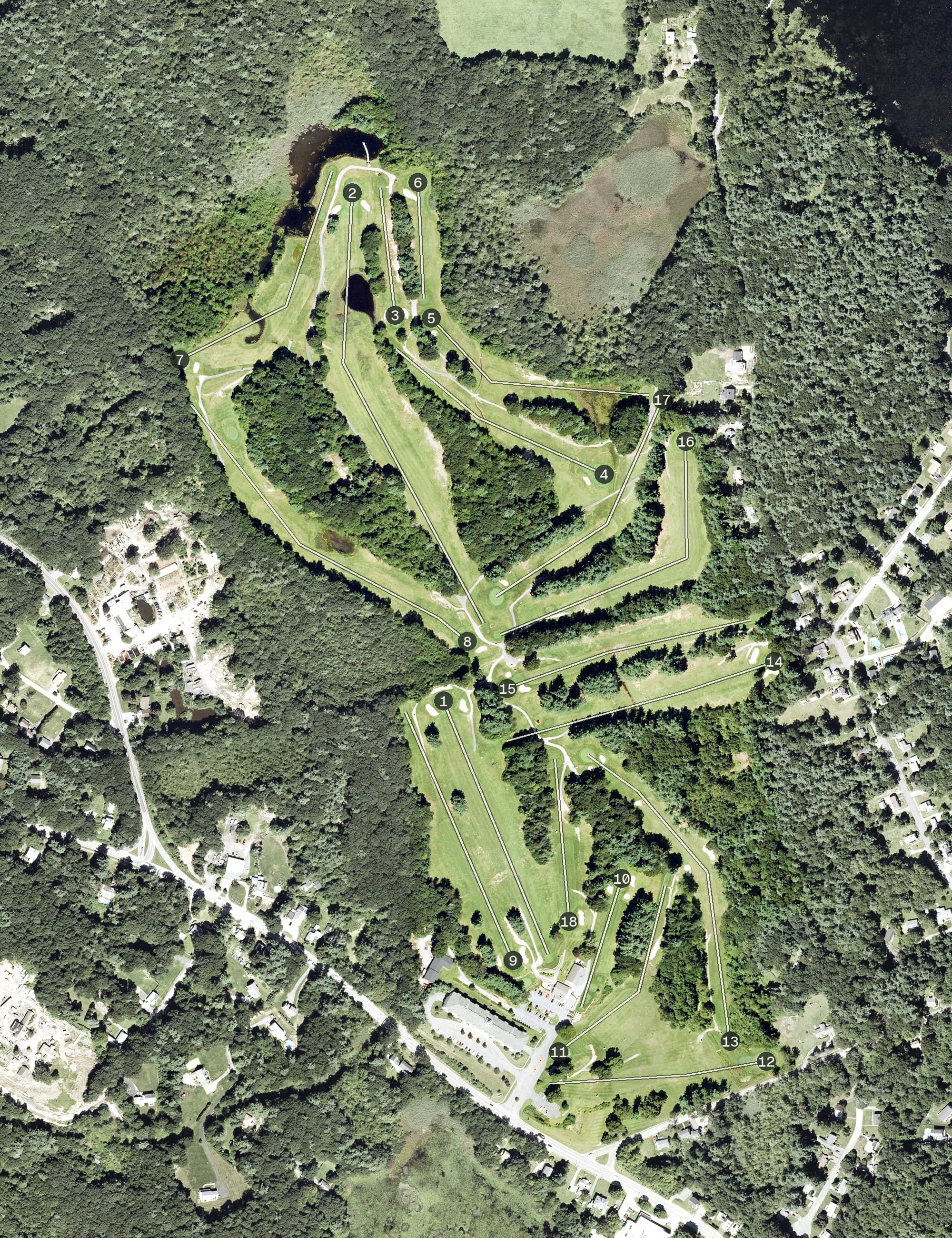 Aerial view of Holden Hills Country Club, MA, with its hole routing marked