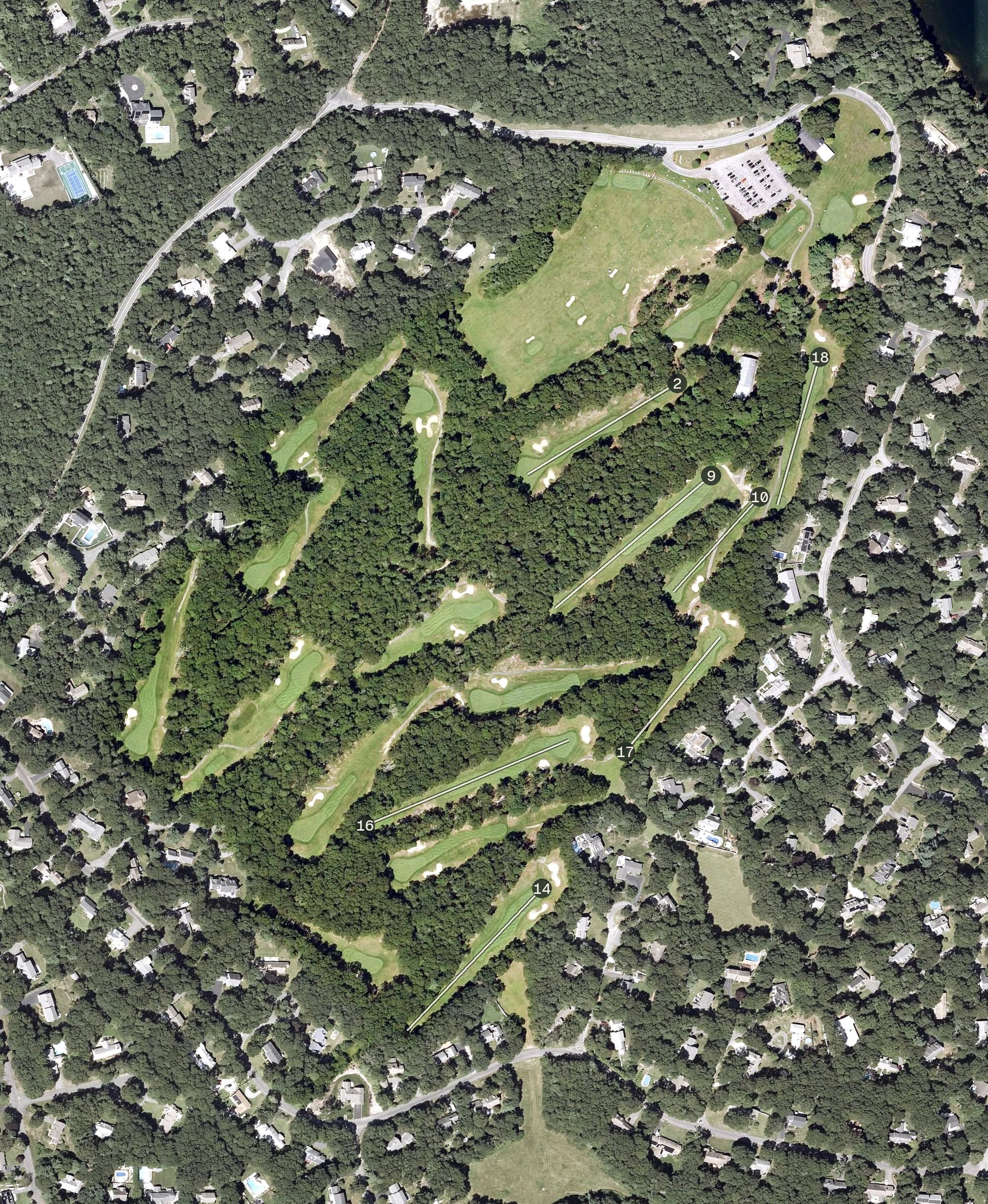 Aerial view of Holly Ridge Golf Club, MA, with its hole routing marked