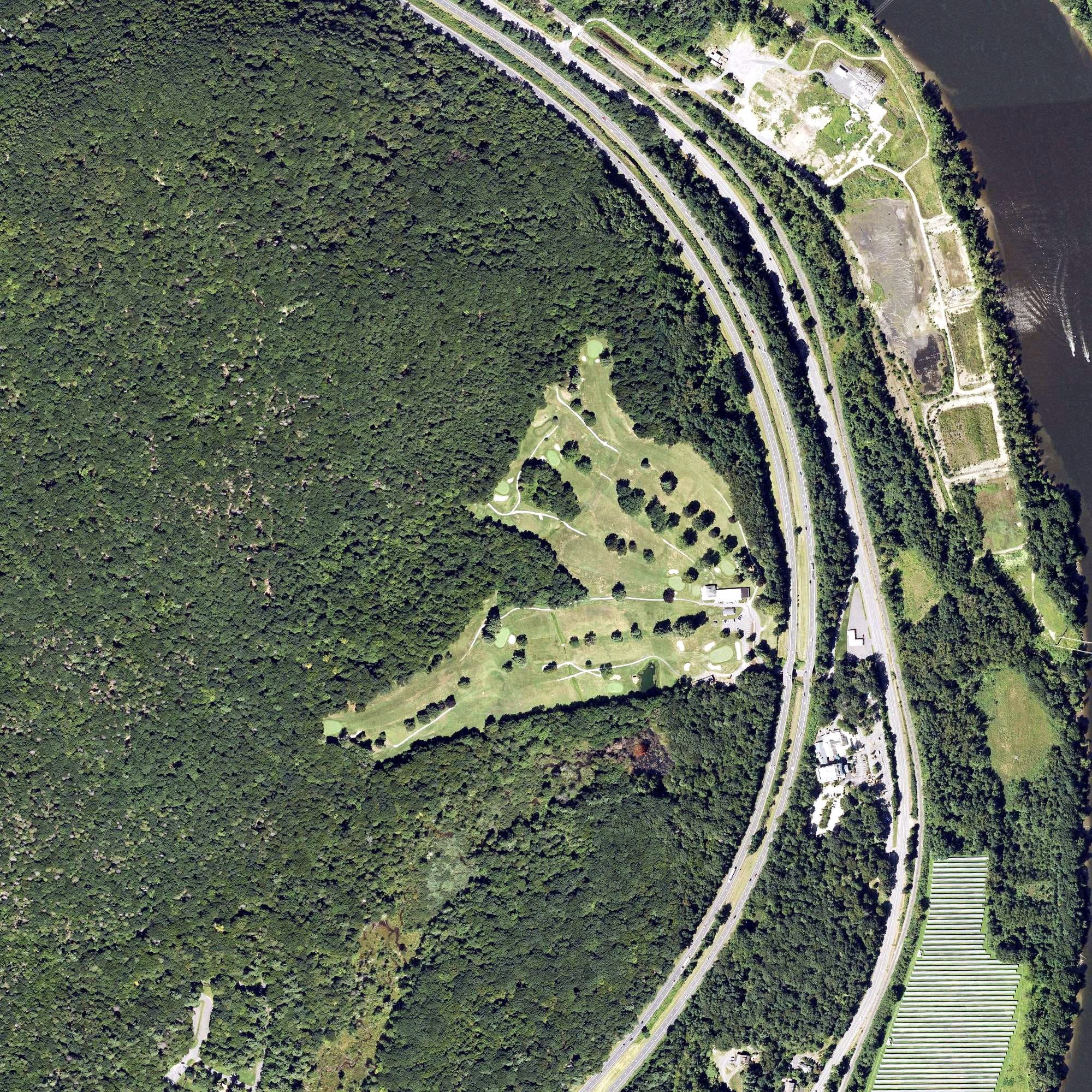 Aerial view of Holyoke Country Club, MA, with its hole routing marked