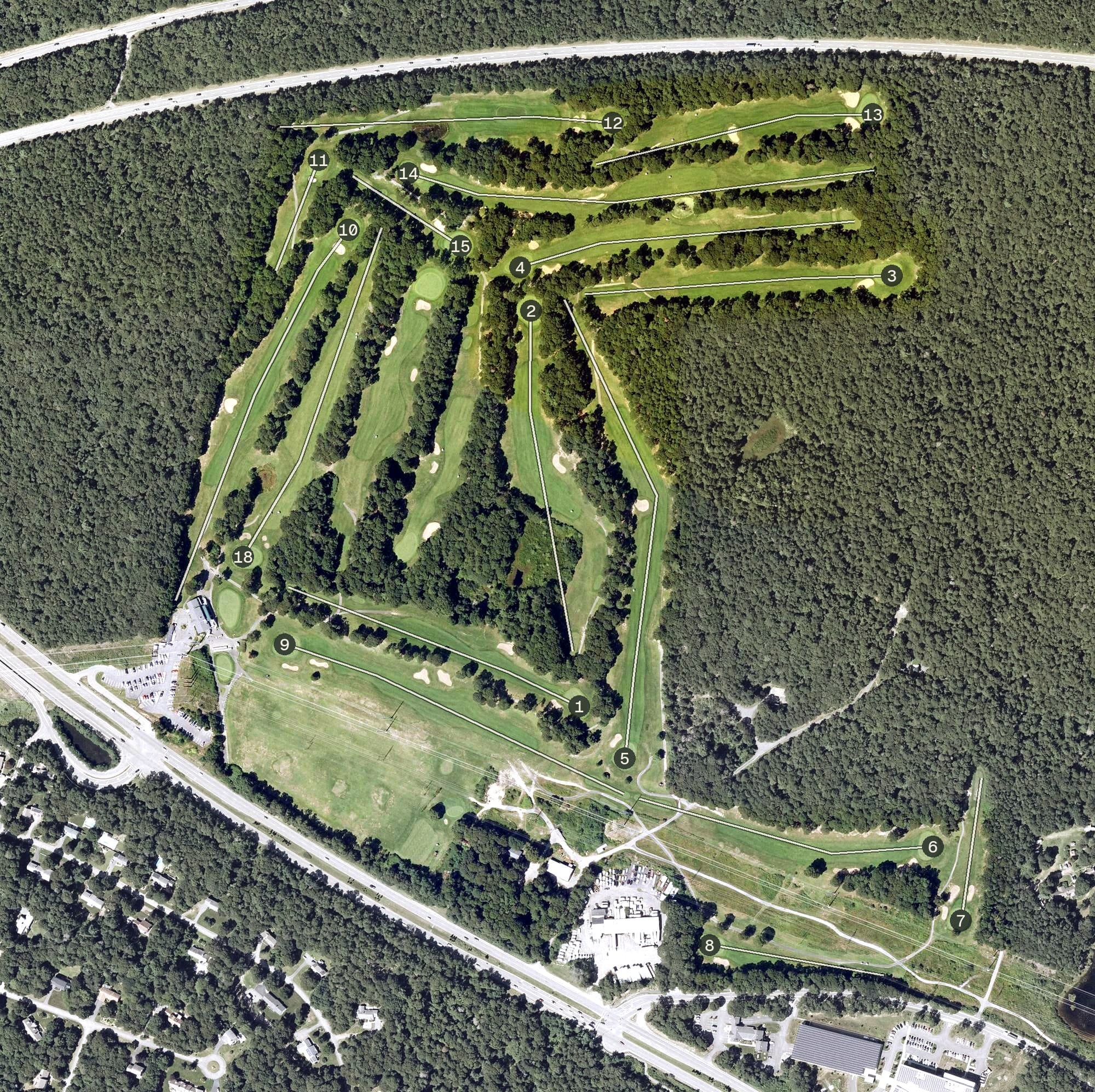 Aerial view of Hyannis Golf Course, MA, with its hole routing marked