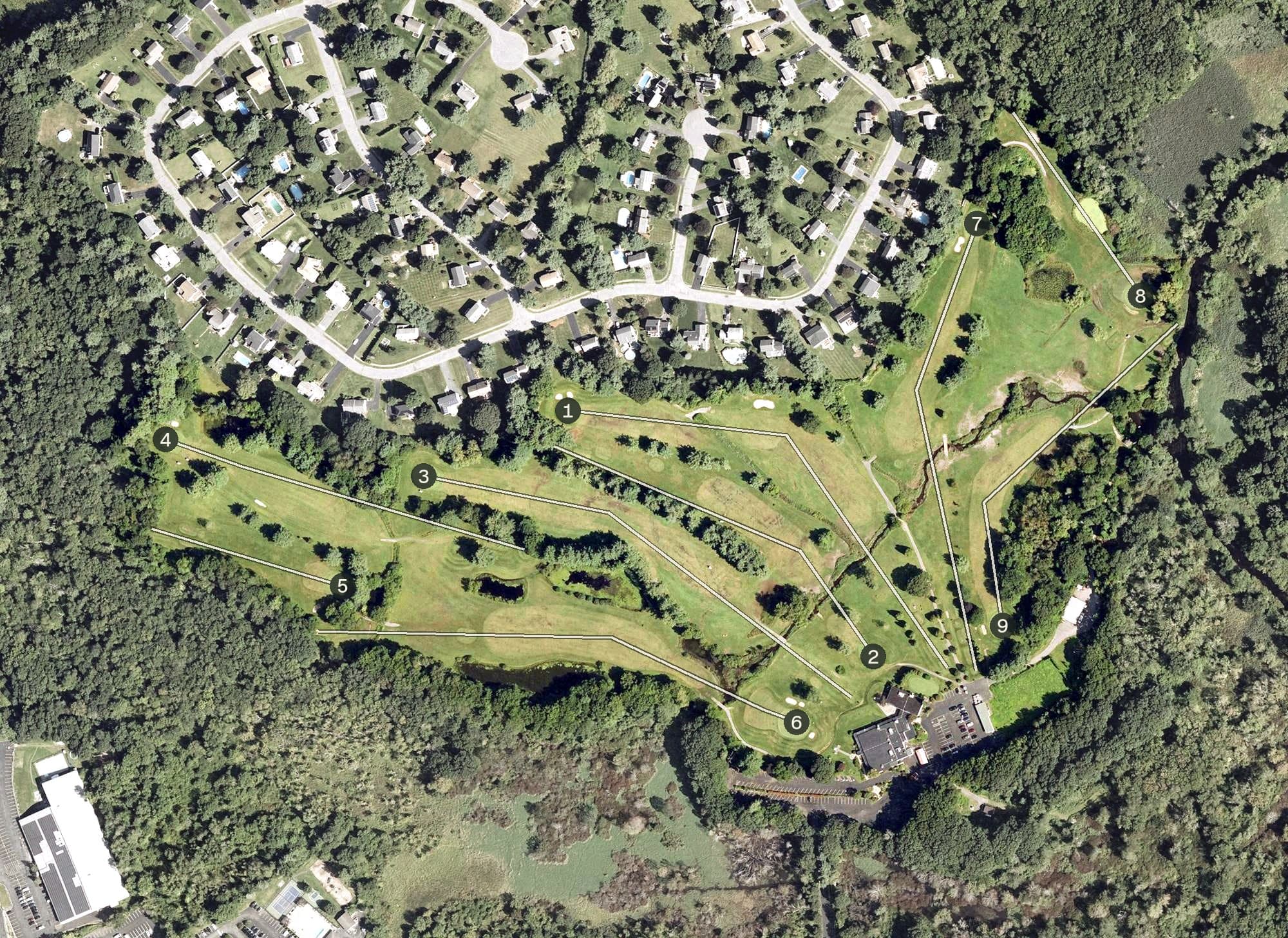 Aerial view of Indian Meadows Golf Course, MA, with its hole routing marked