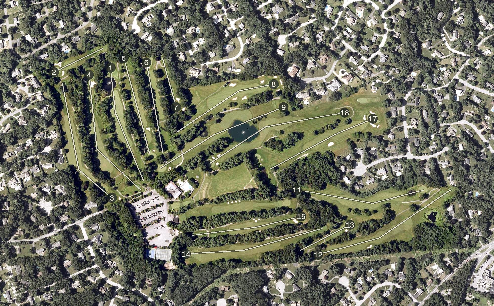 Aerial view of Indian Ridge Golf Club, MA, with its hole routing marked
