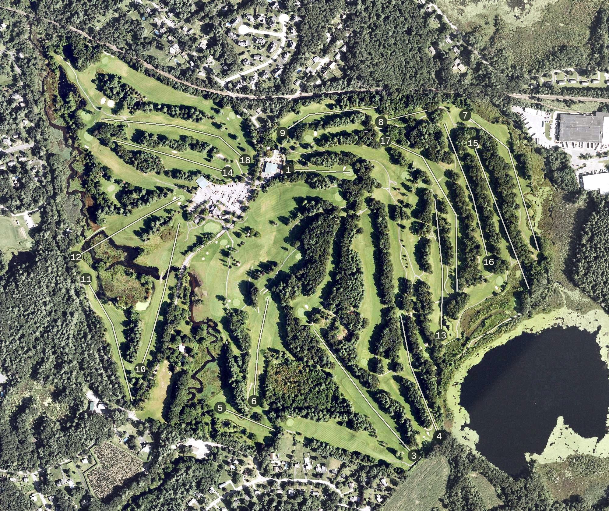 Aerial view of Juniper Hill Golf Course, MA, with its hole routing marked