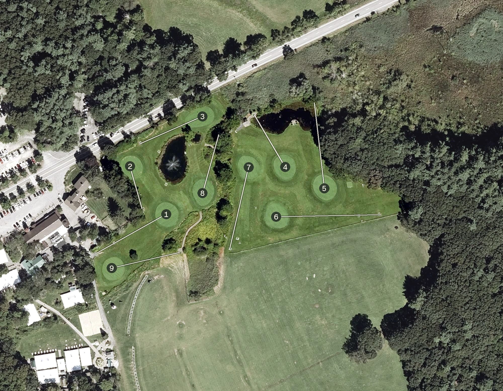 Aerial view of Kimball Farms Pitch & Putt, MA, with its hole routing marked