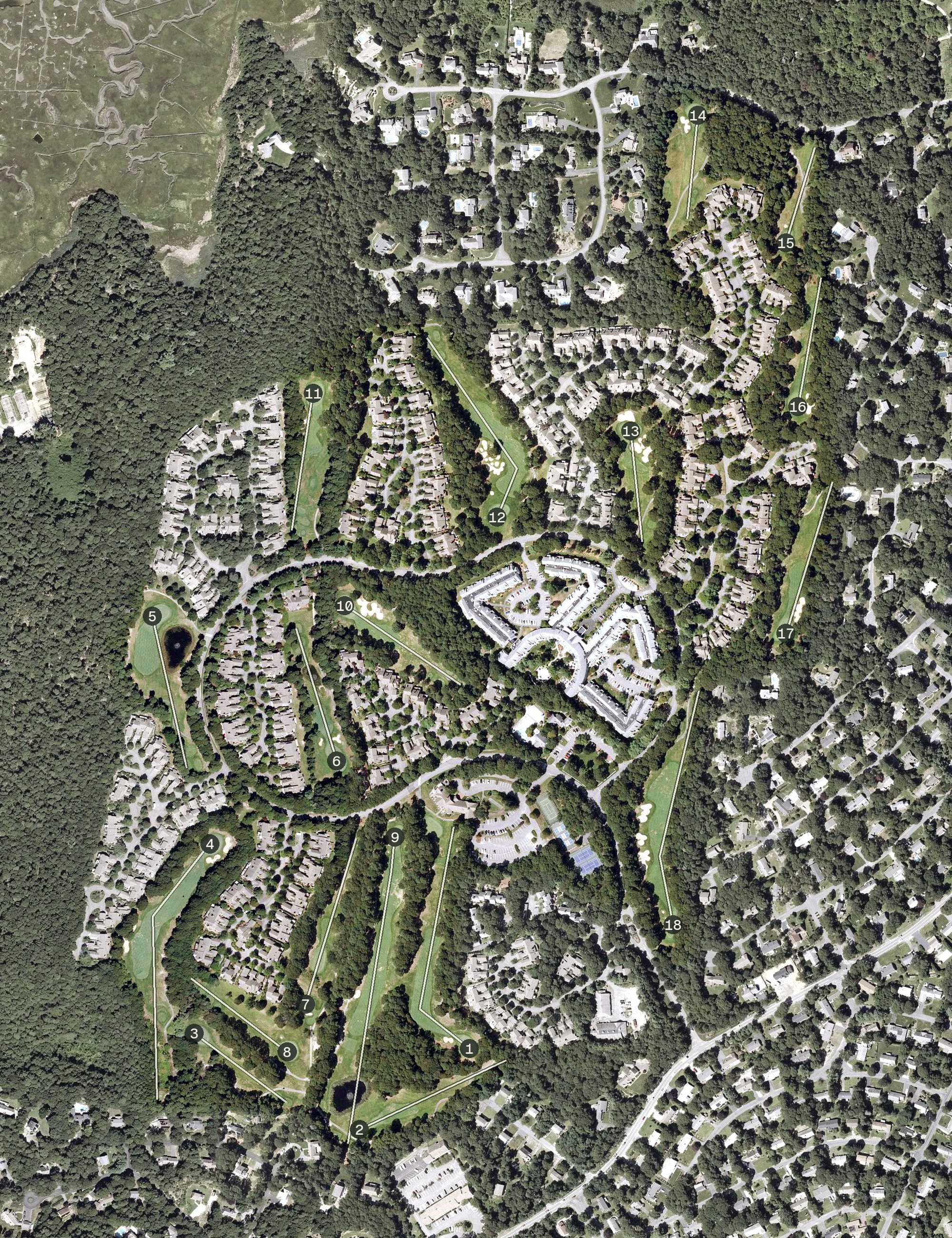 Aerial view of Kings Way Golf Club, MA, with its hole routing marked