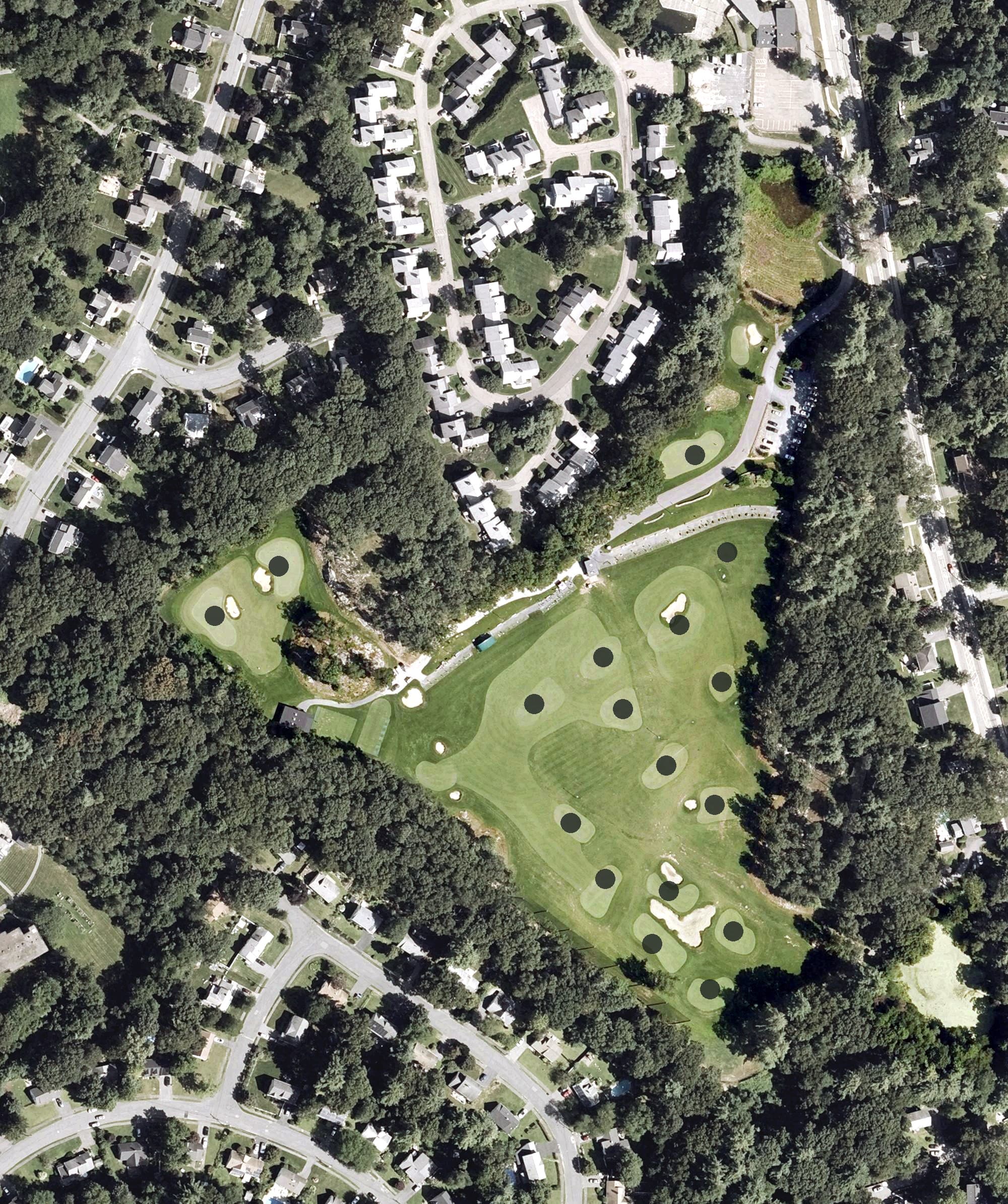Aerial view of Kohr Golf, MA, with its hole routing marked
