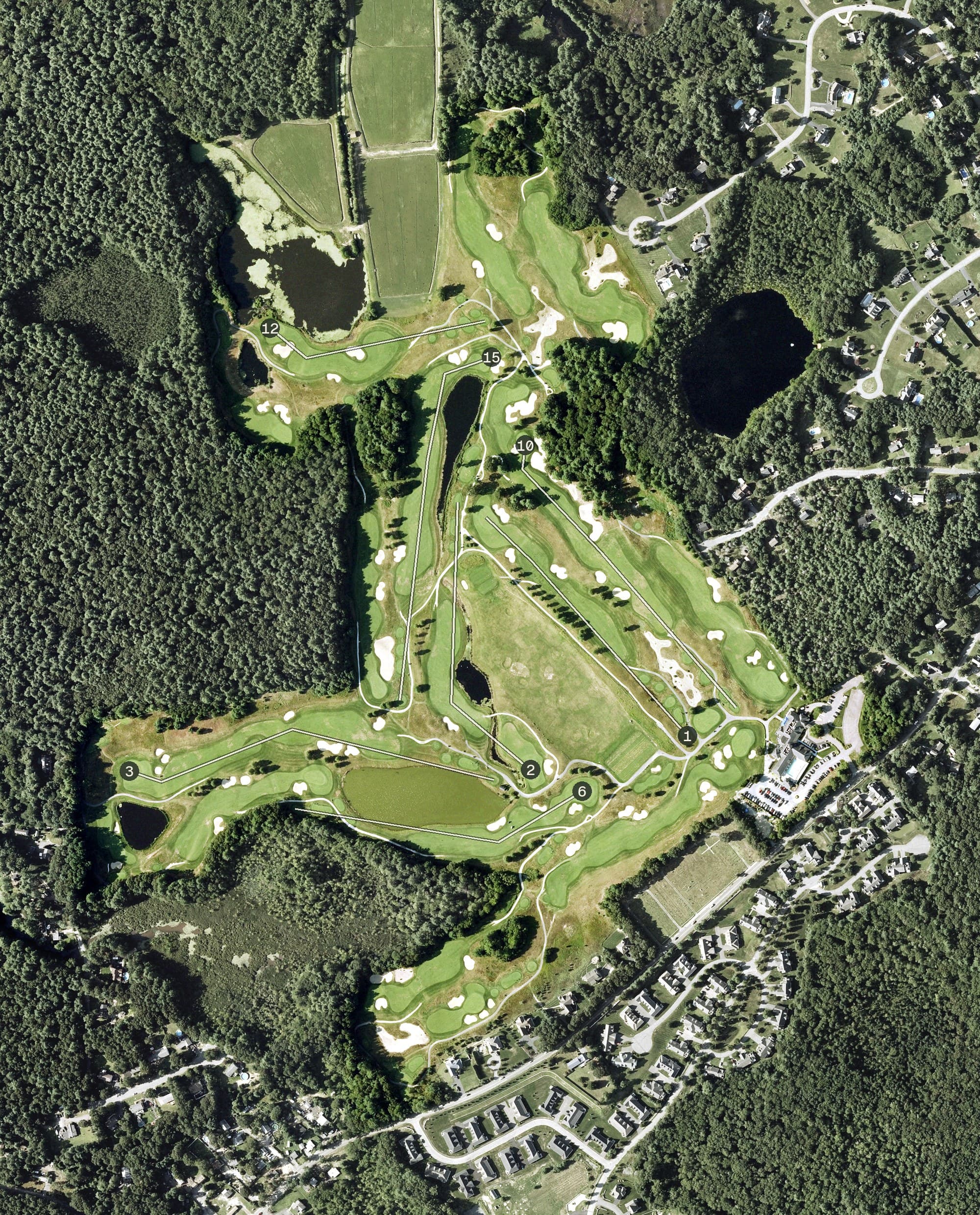 Aerial view of LeBaron Hills Country Club, MA, with its hole routing marked