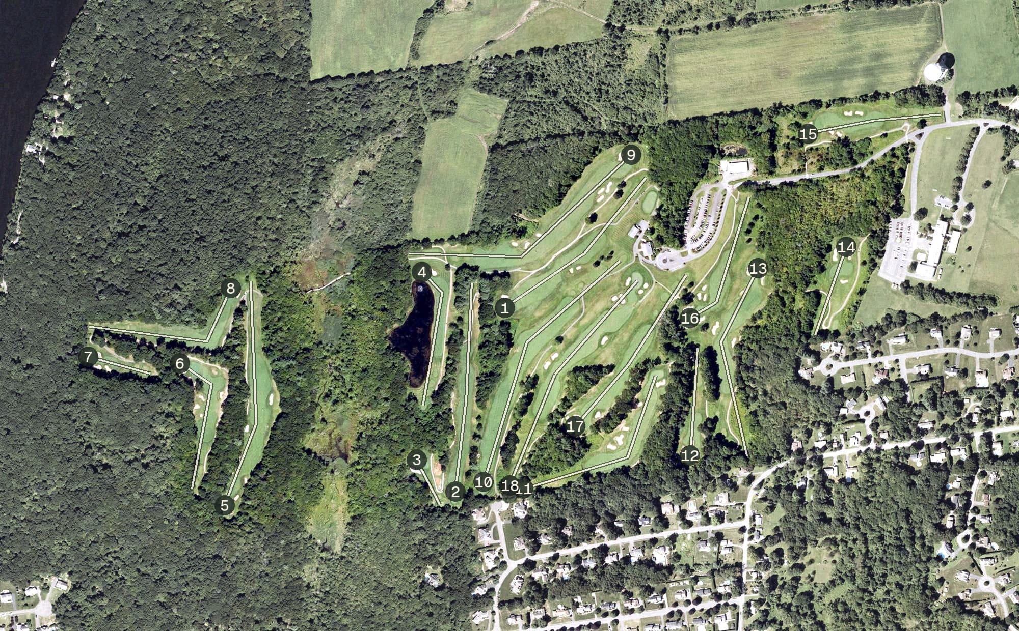 Aerial view of Ledges Golf Club, MA, with its hole routing marked