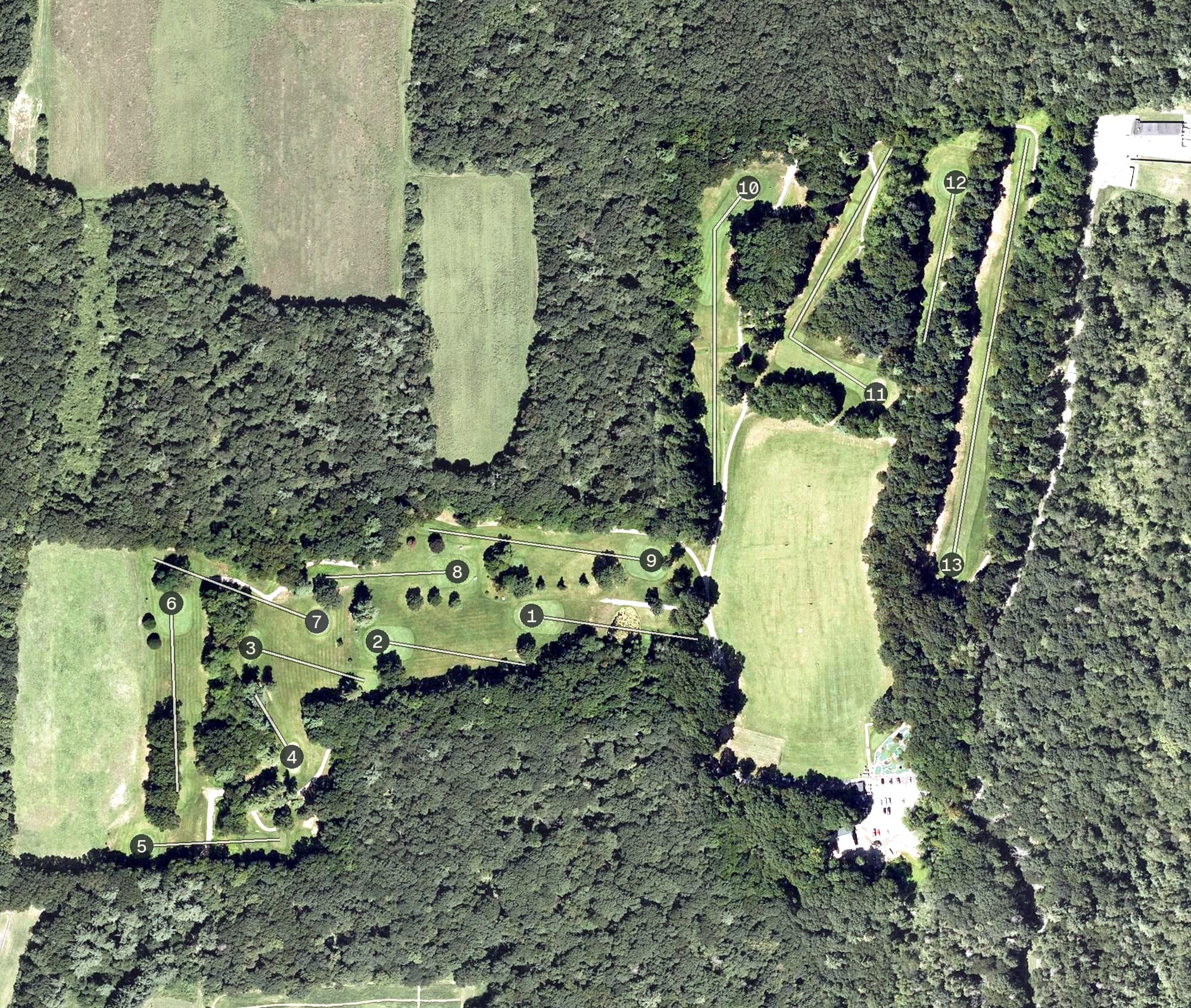 Aerial view of Longhi's Golf, MA, with its hole routing marked