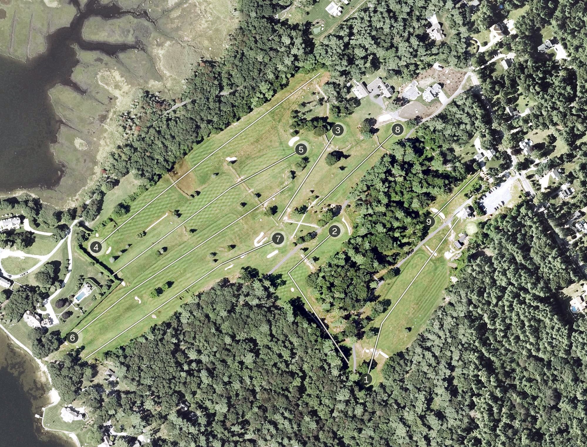 Aerial view of Marion Golf Club, MA, with its hole routing marked