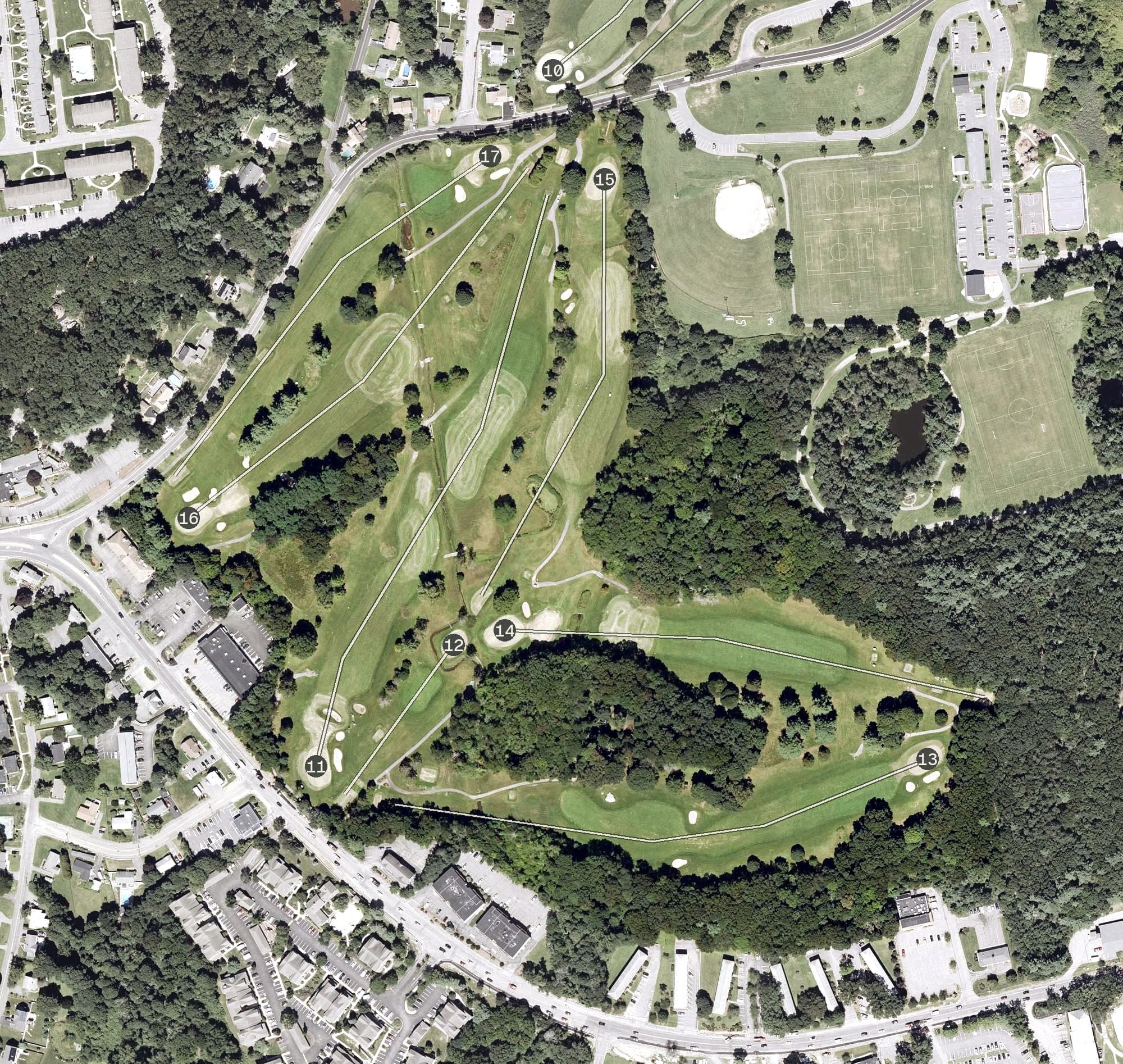 Aerial view of Marlborough Country Club, MA, with its hole routing marked