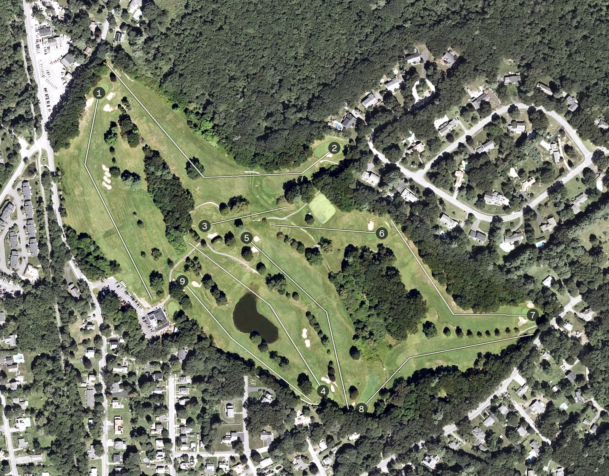 Aerial view of Maynard Golf Course, MA, with its hole routing marked