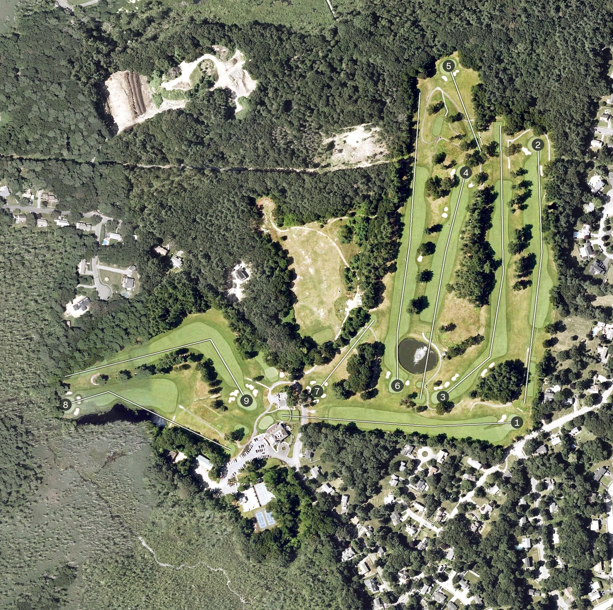 Aerial view of Meadow Brook Golf Club, MA, with its hole routing marked