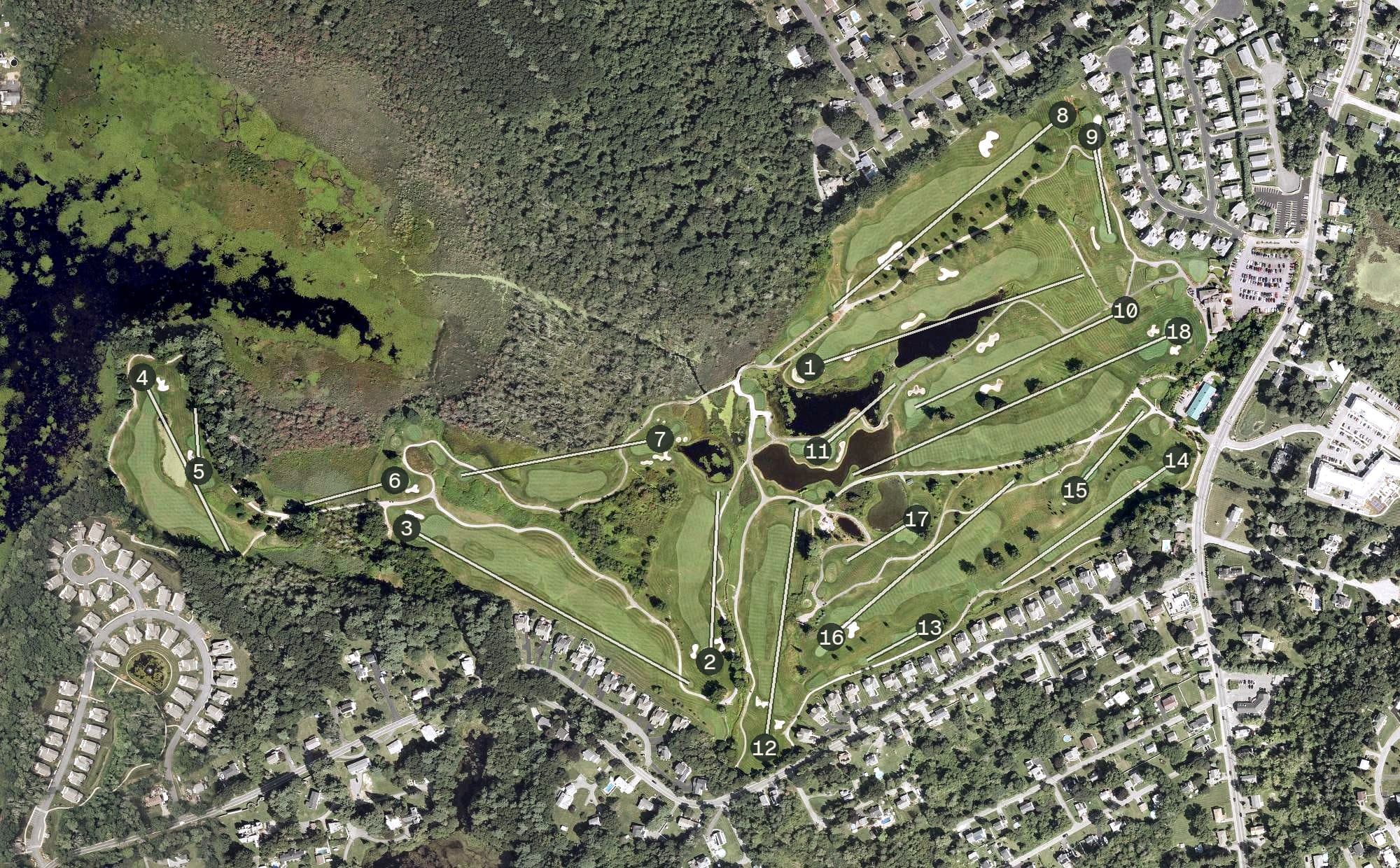 Aerial view of Merrimack Valley Golf Club, MA, with its hole routing marked