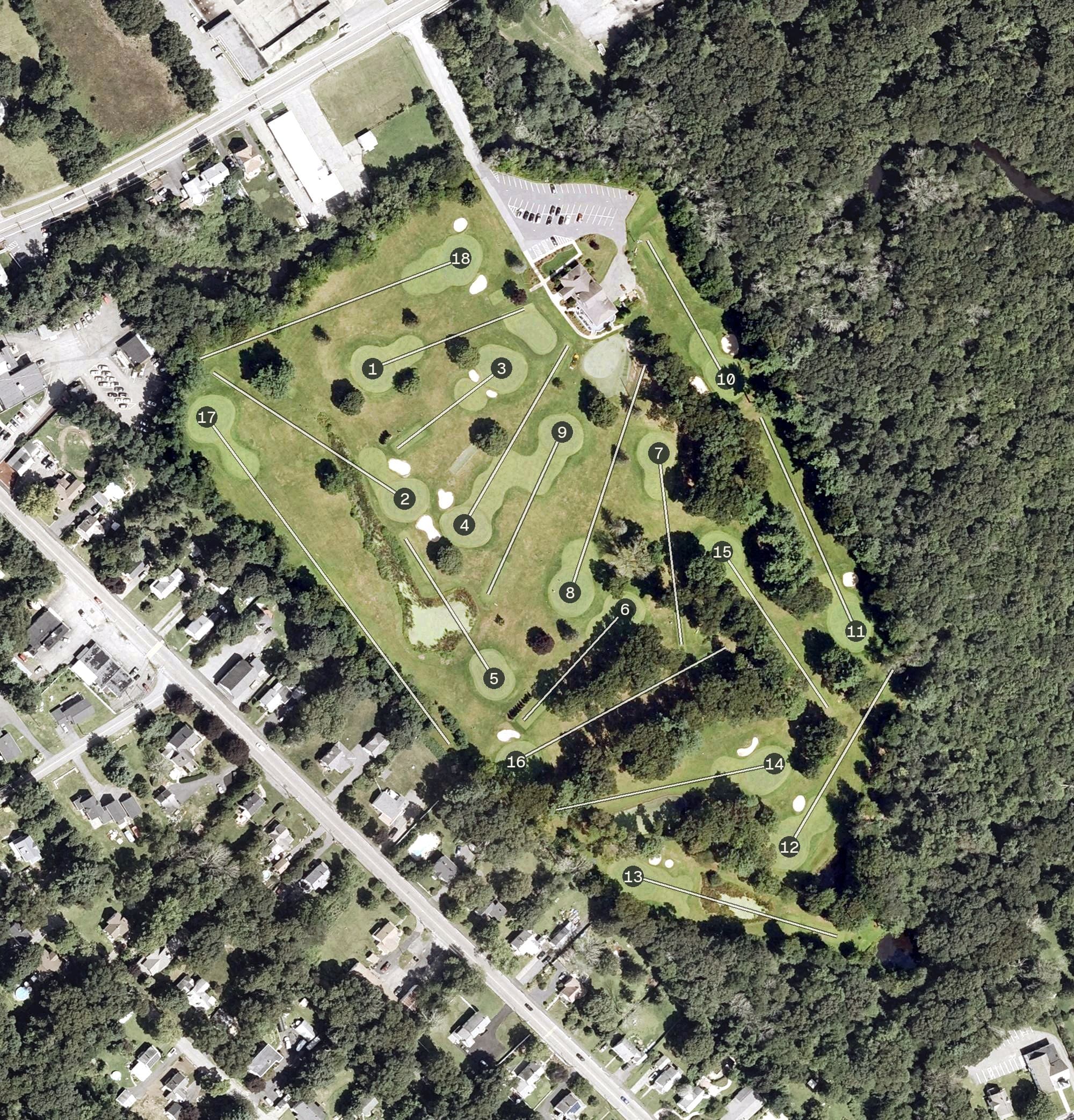 Aerial view of MGA Links at Mamantapett, MA, with its hole routing marked