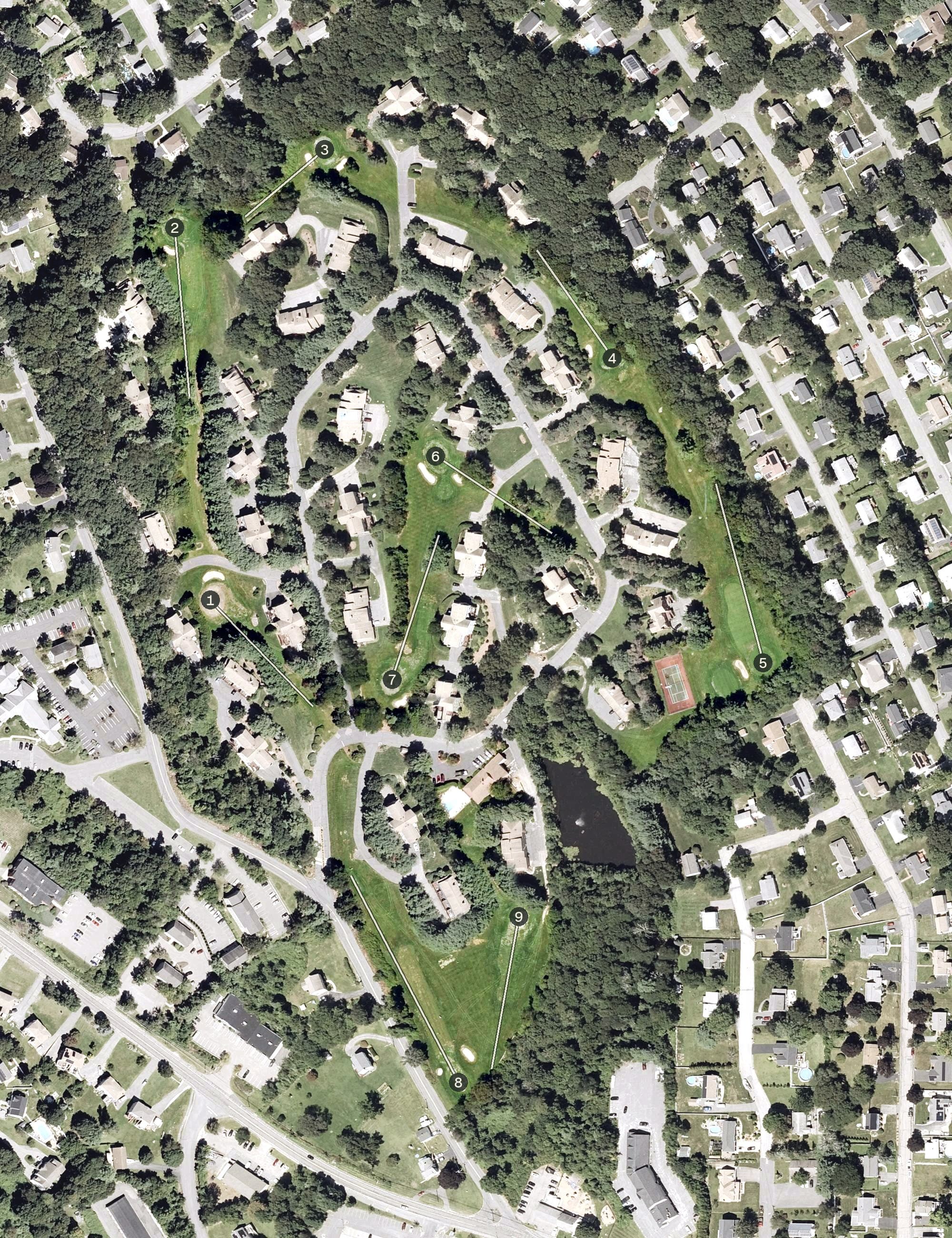 Aerial view of Milford Country Club, MA, with its hole routing marked