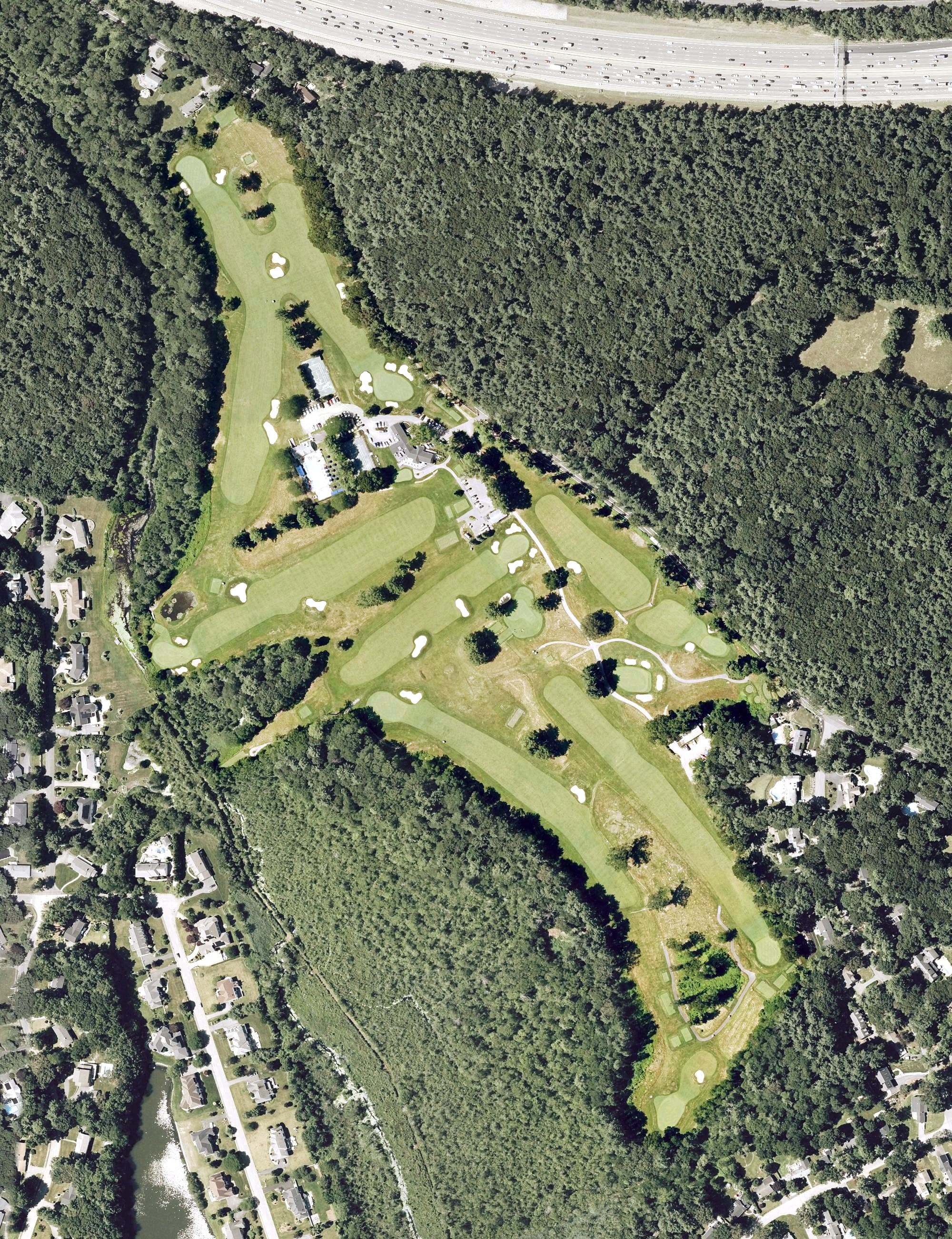 Aerial view of Milton-Hoosic Club, MA, with its hole routing marked