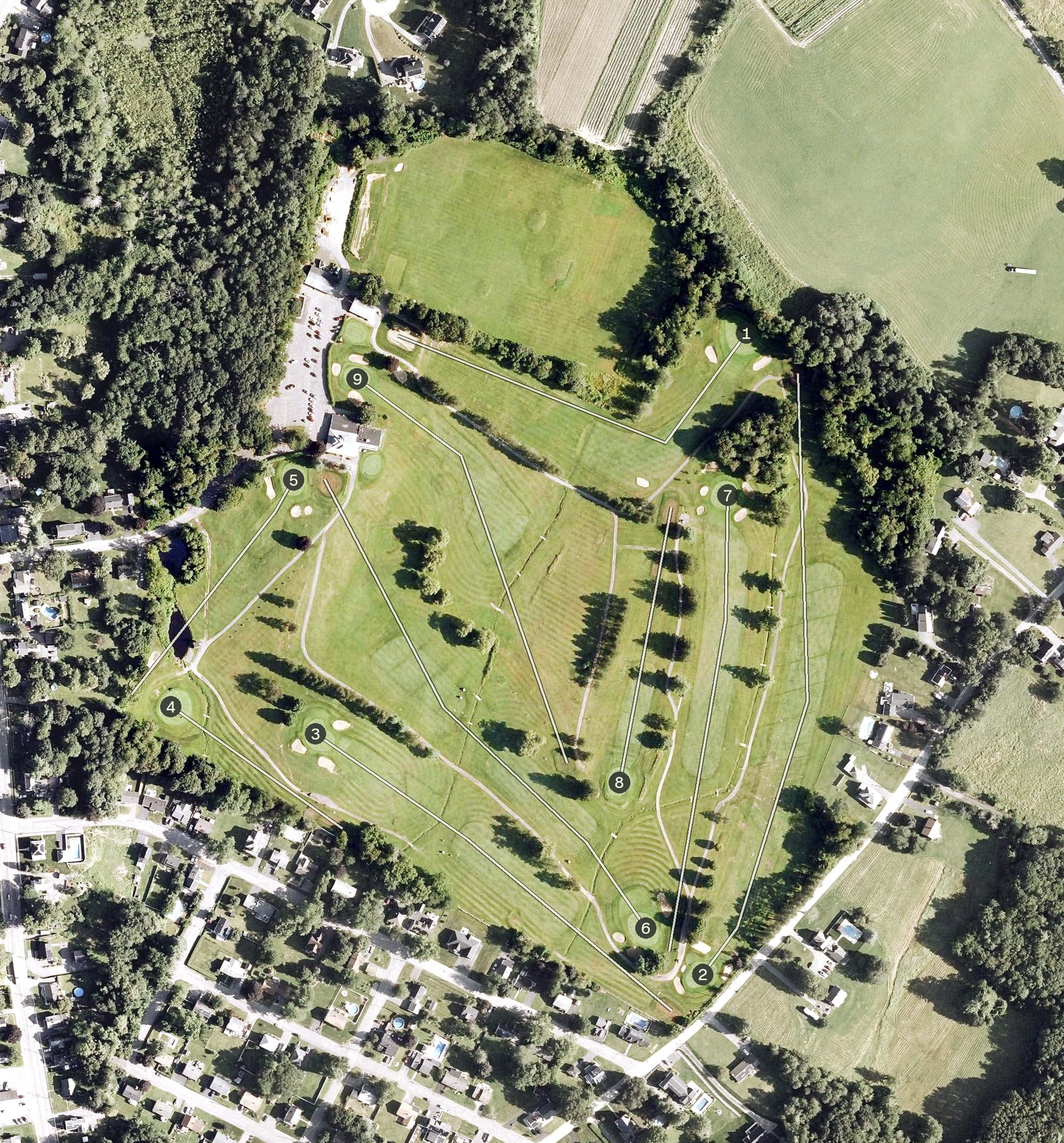 Aerial view of Monoosnock Country Club, MA, with its hole routing marked