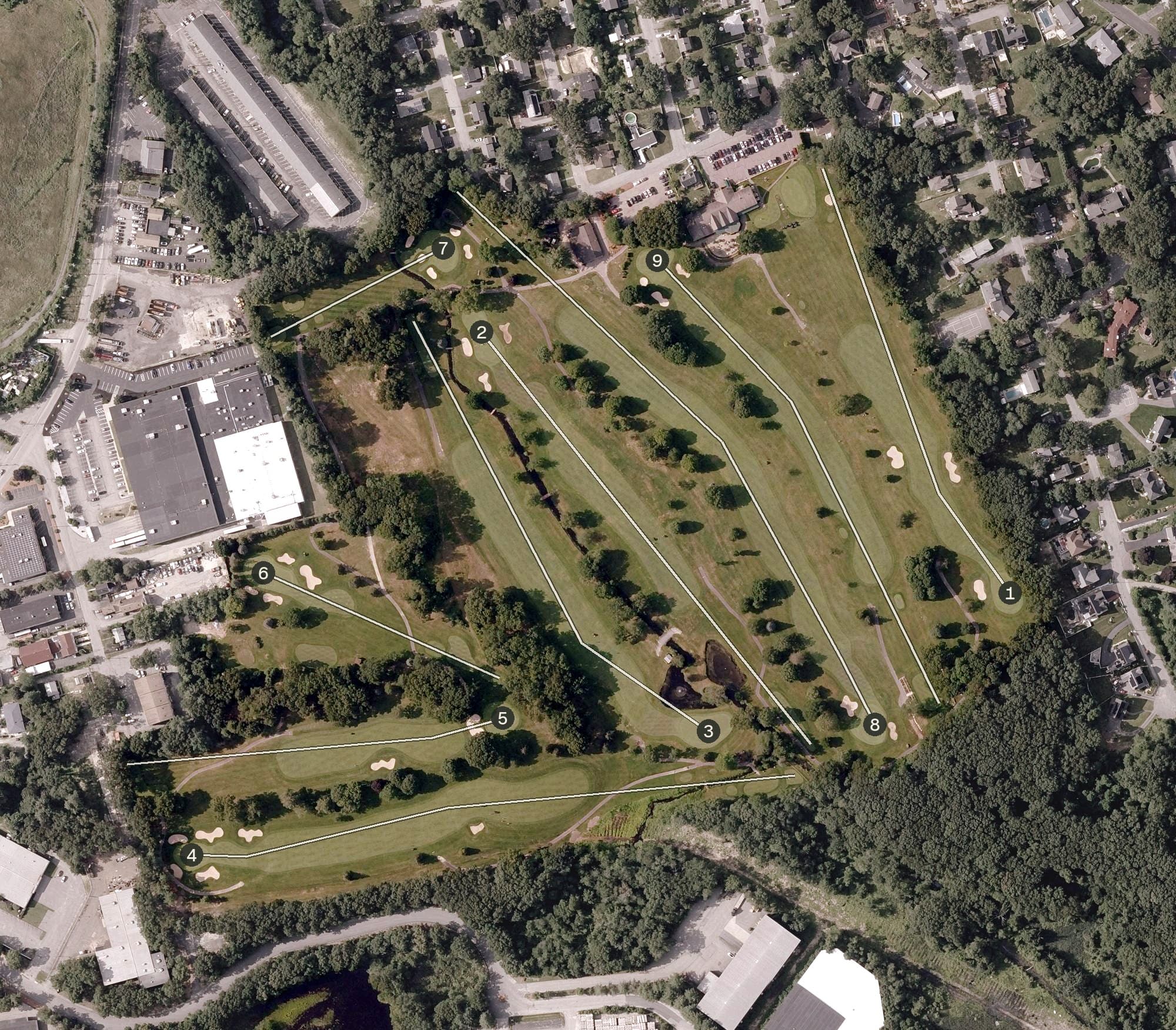 Aerial view of Mount Pleasant Golf Club, MA, with its hole routing marked