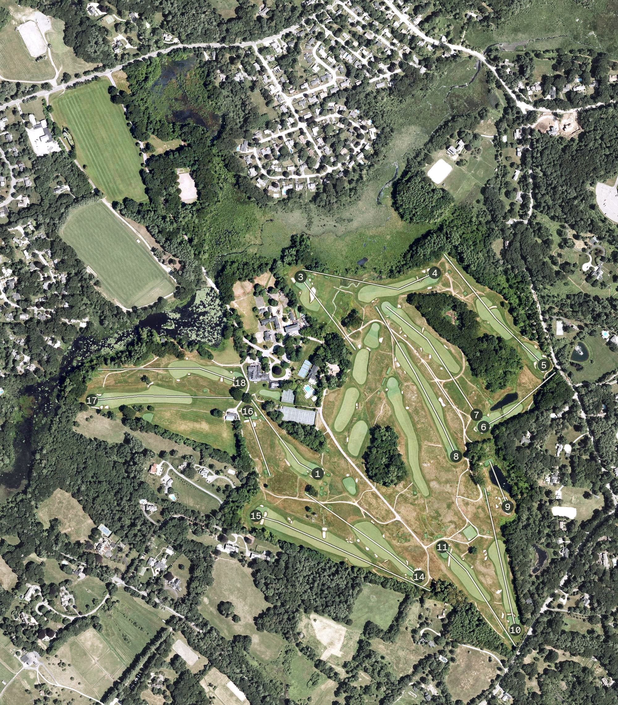 Aerial view of Myopia Hunt Club, MA, with its hole routing marked