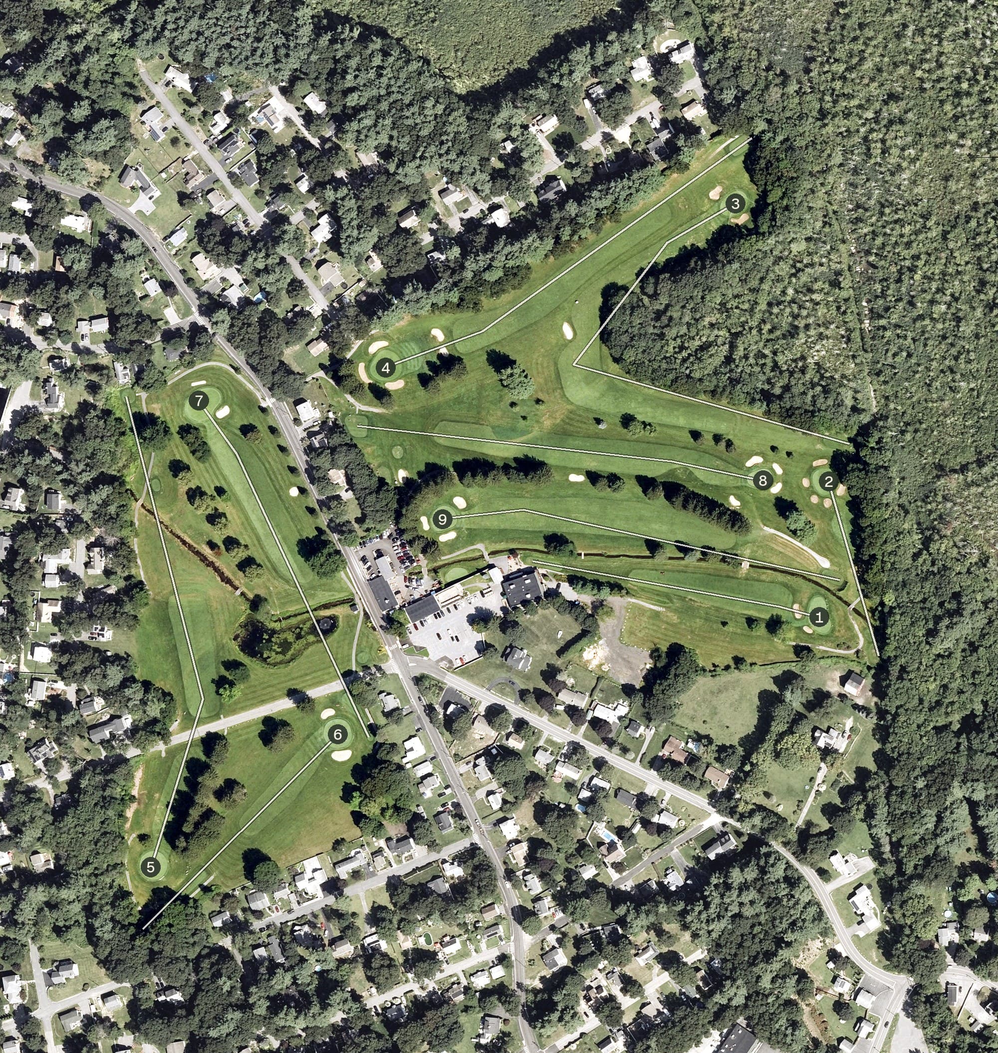 Aerial view of Nabnassett Lake Country Club, MA, with its hole routing marked