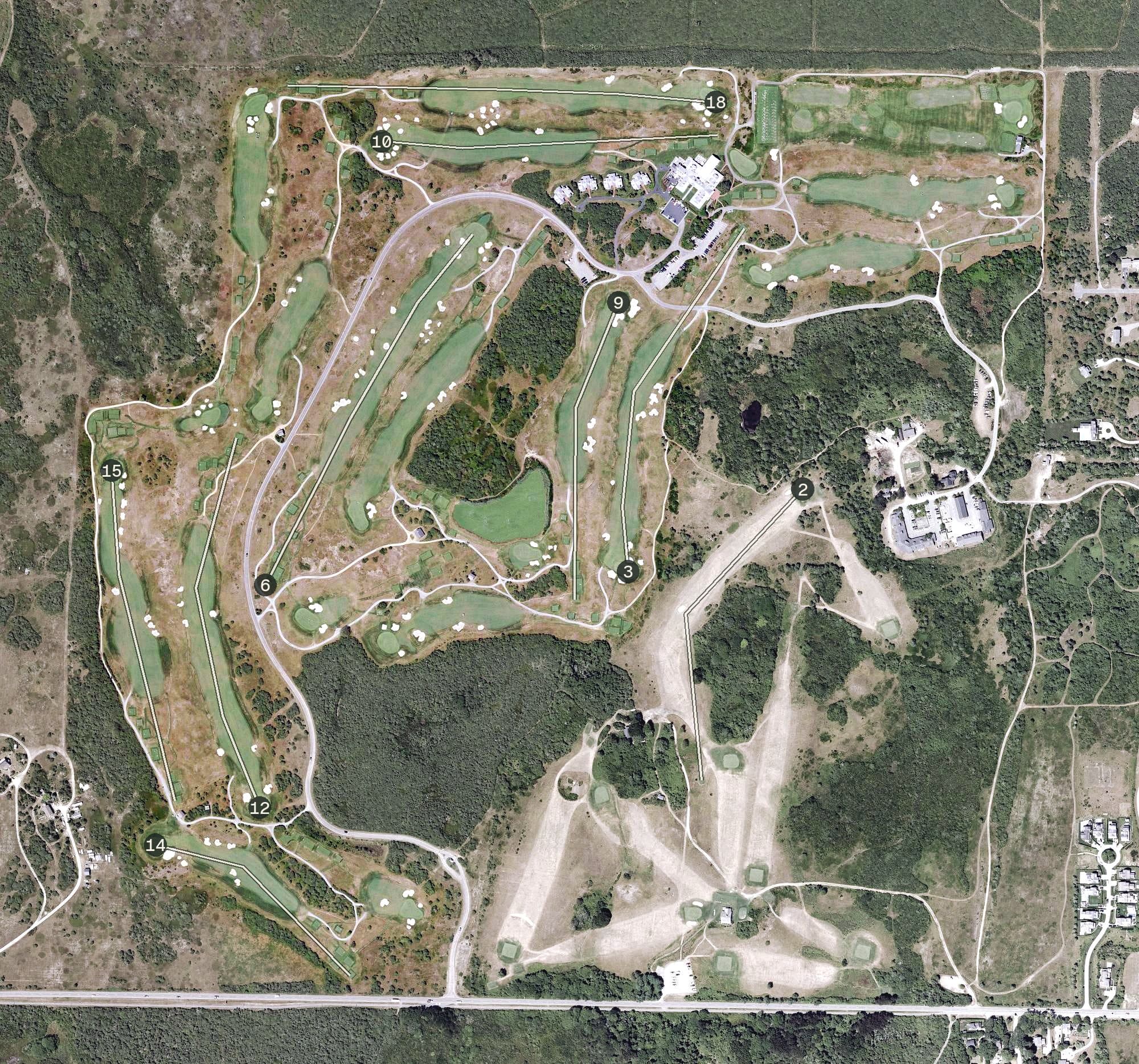 Aerial view of Nantucket Golf Club, MA, with its hole routing marked