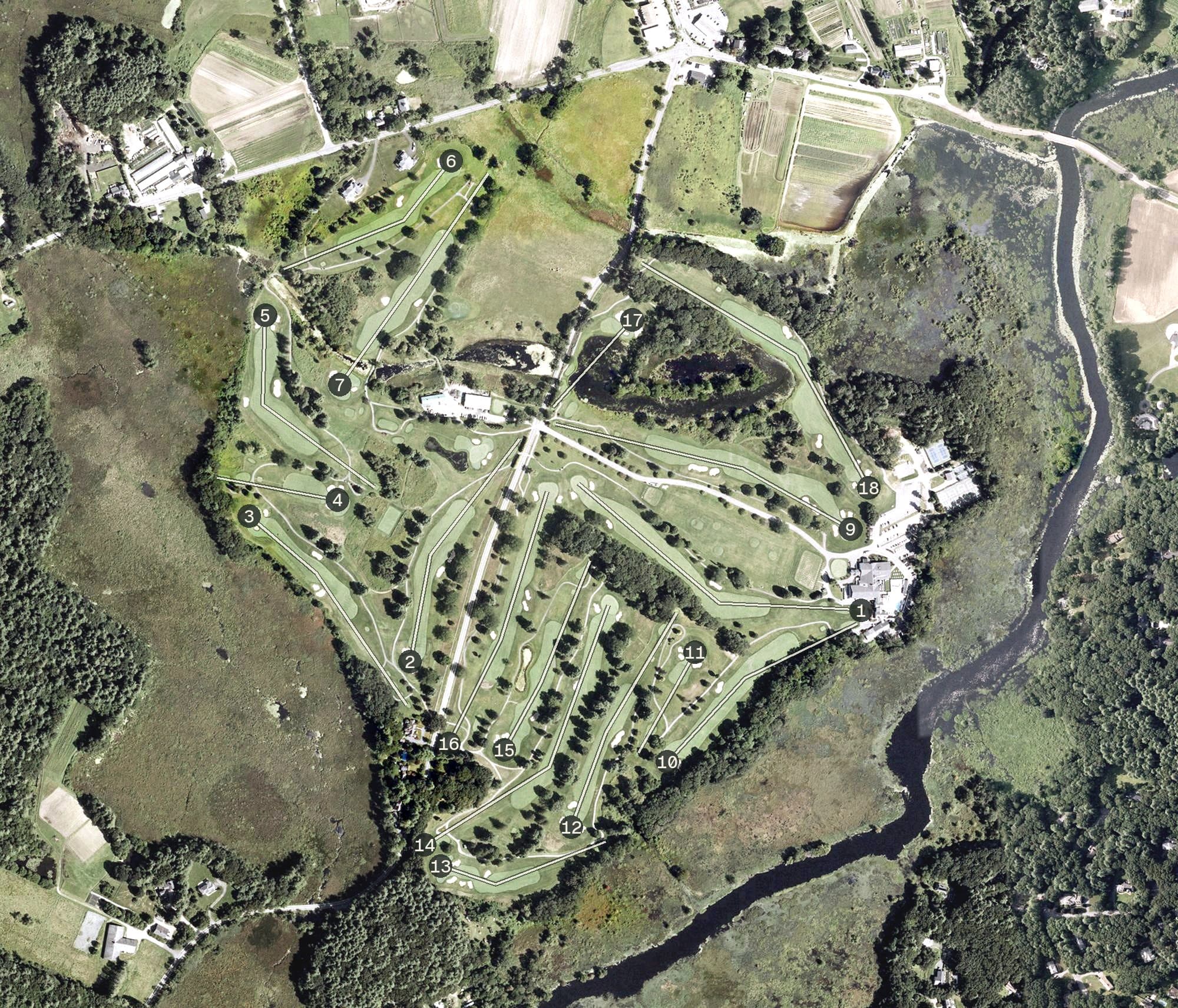 Aerial view of Nashawtuc Country Club, MA, with its hole routing marked