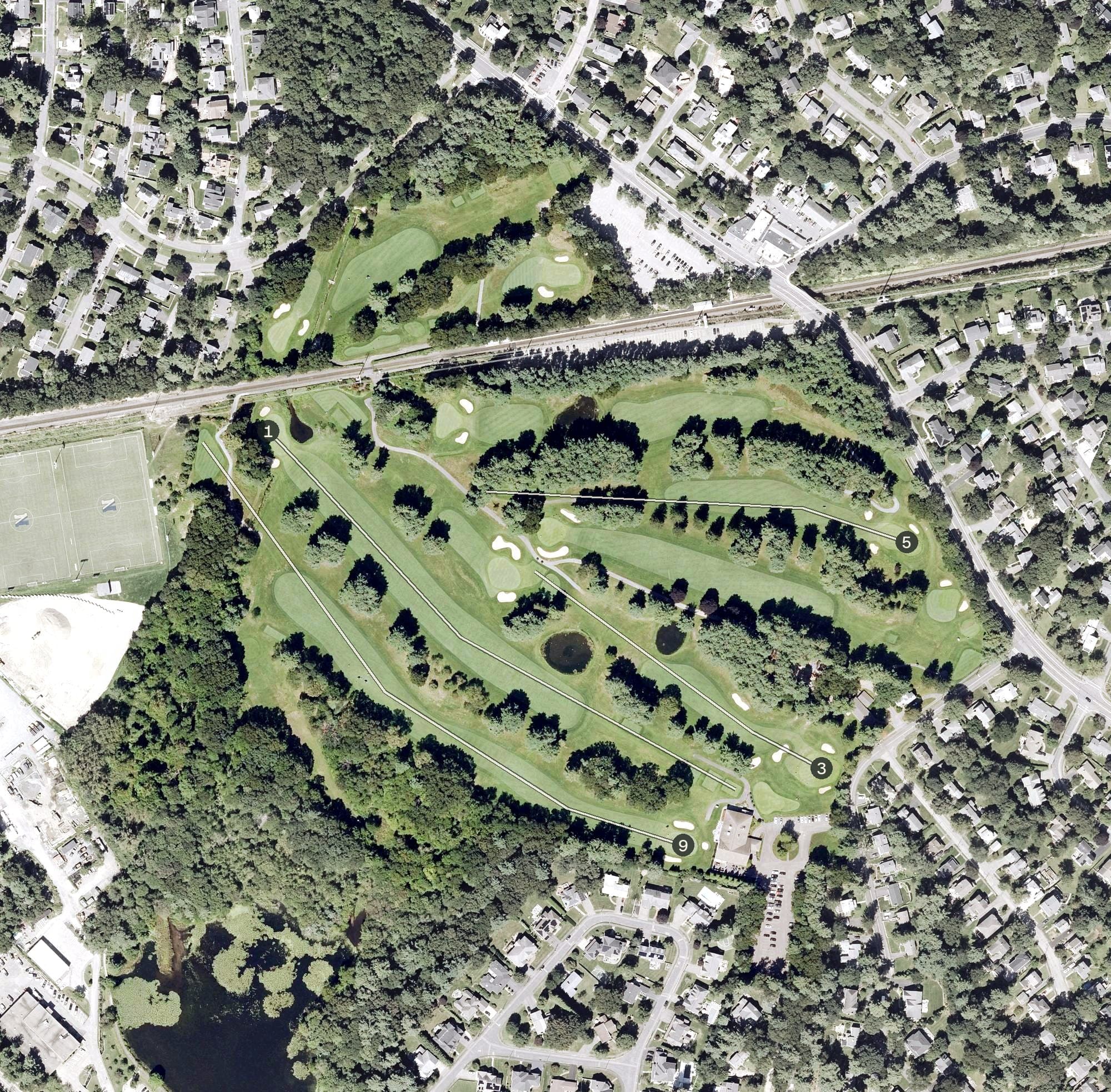 Aerial view of Needham Golf Club, MA, with its hole routing marked