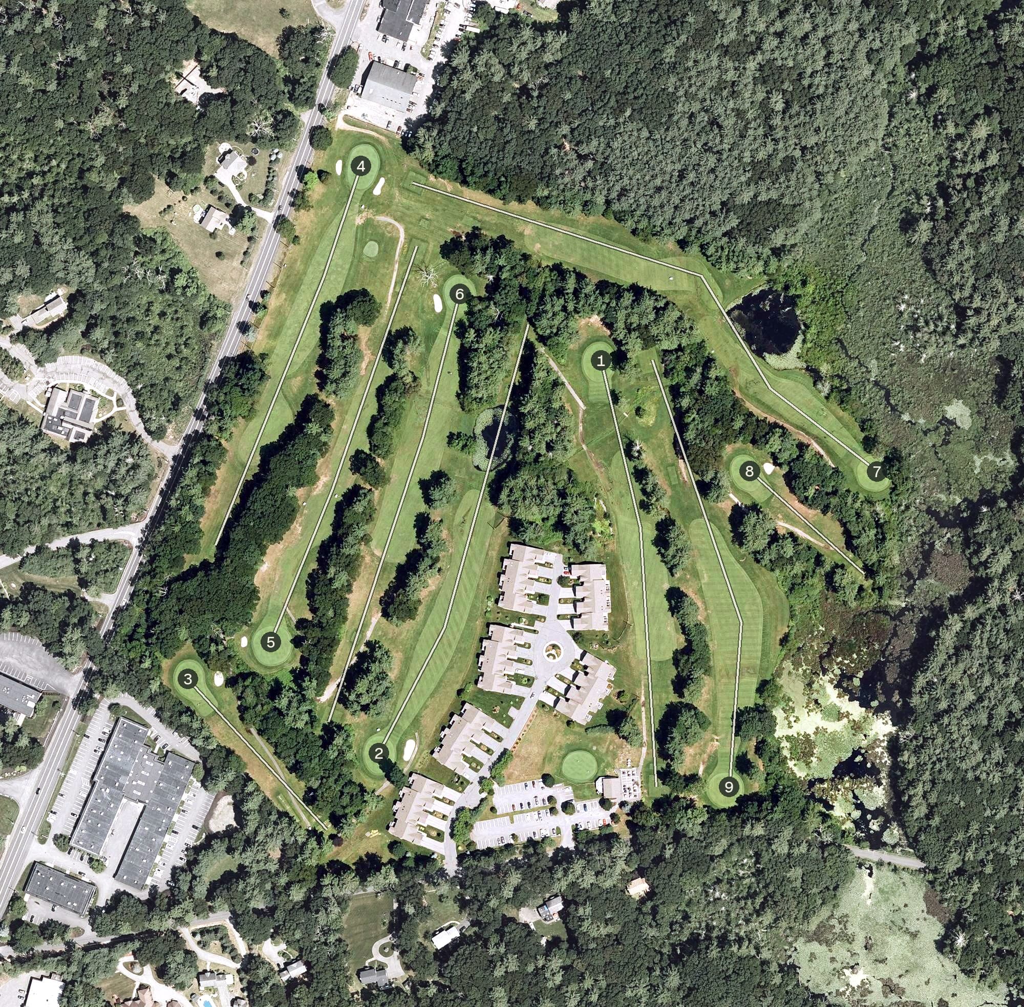 Aerial view of New Meadows Golf Club, MA, with its hole routing marked