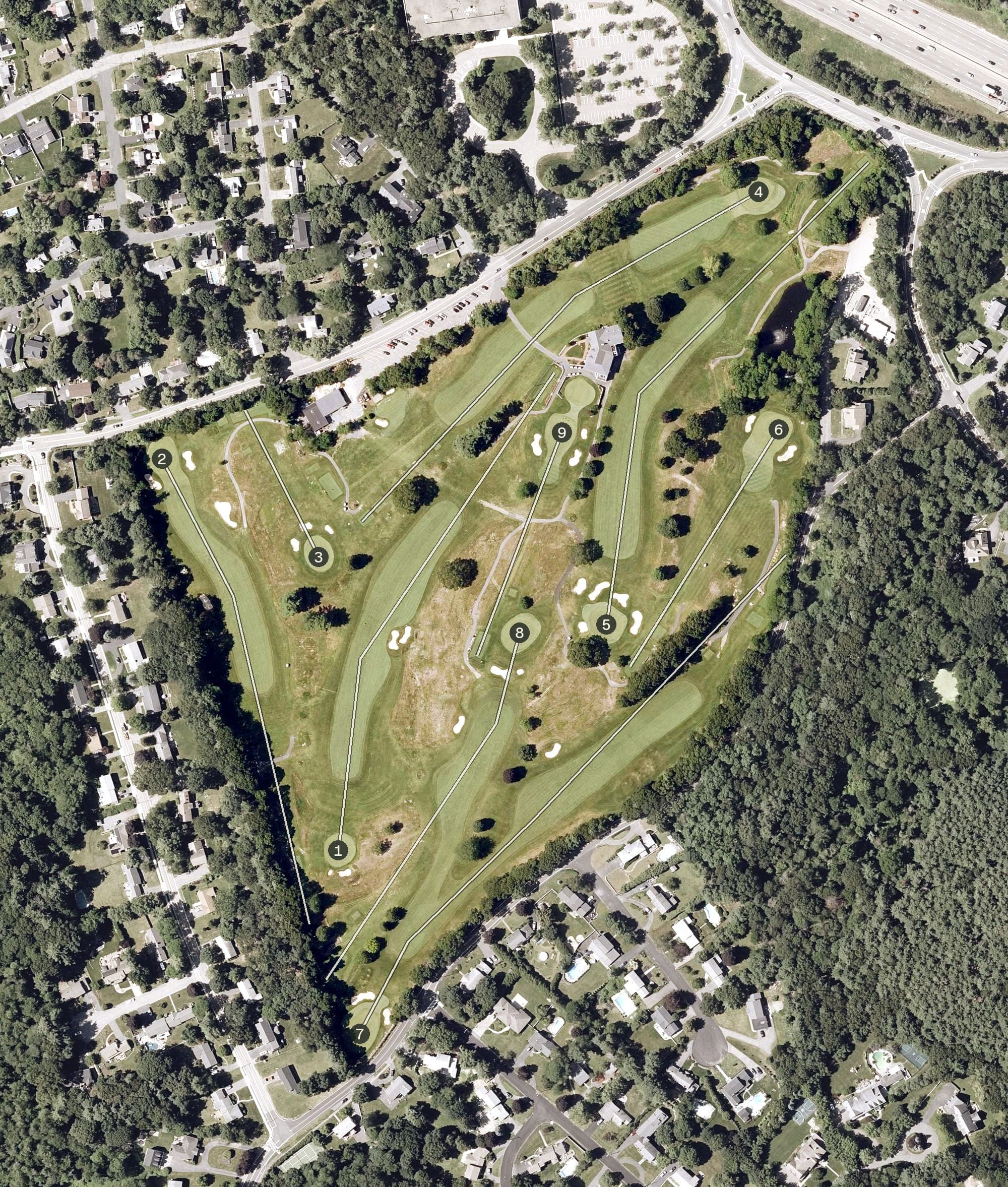 Aerial view of Norfolk Golf Club, MA, with its hole routing marked