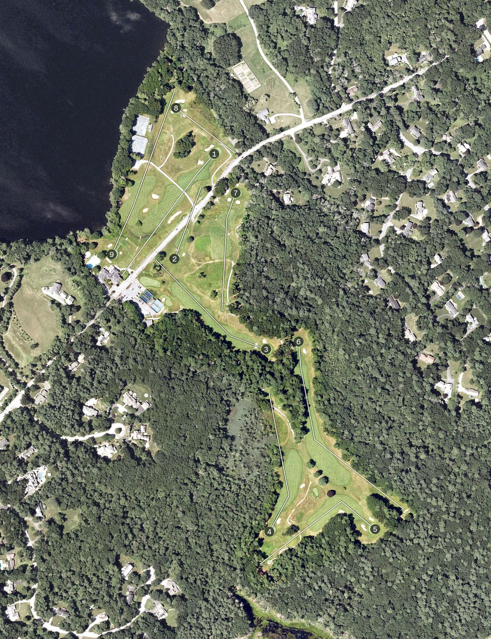 Aerial view of North Andover Country Club, MA, with its hole routing marked