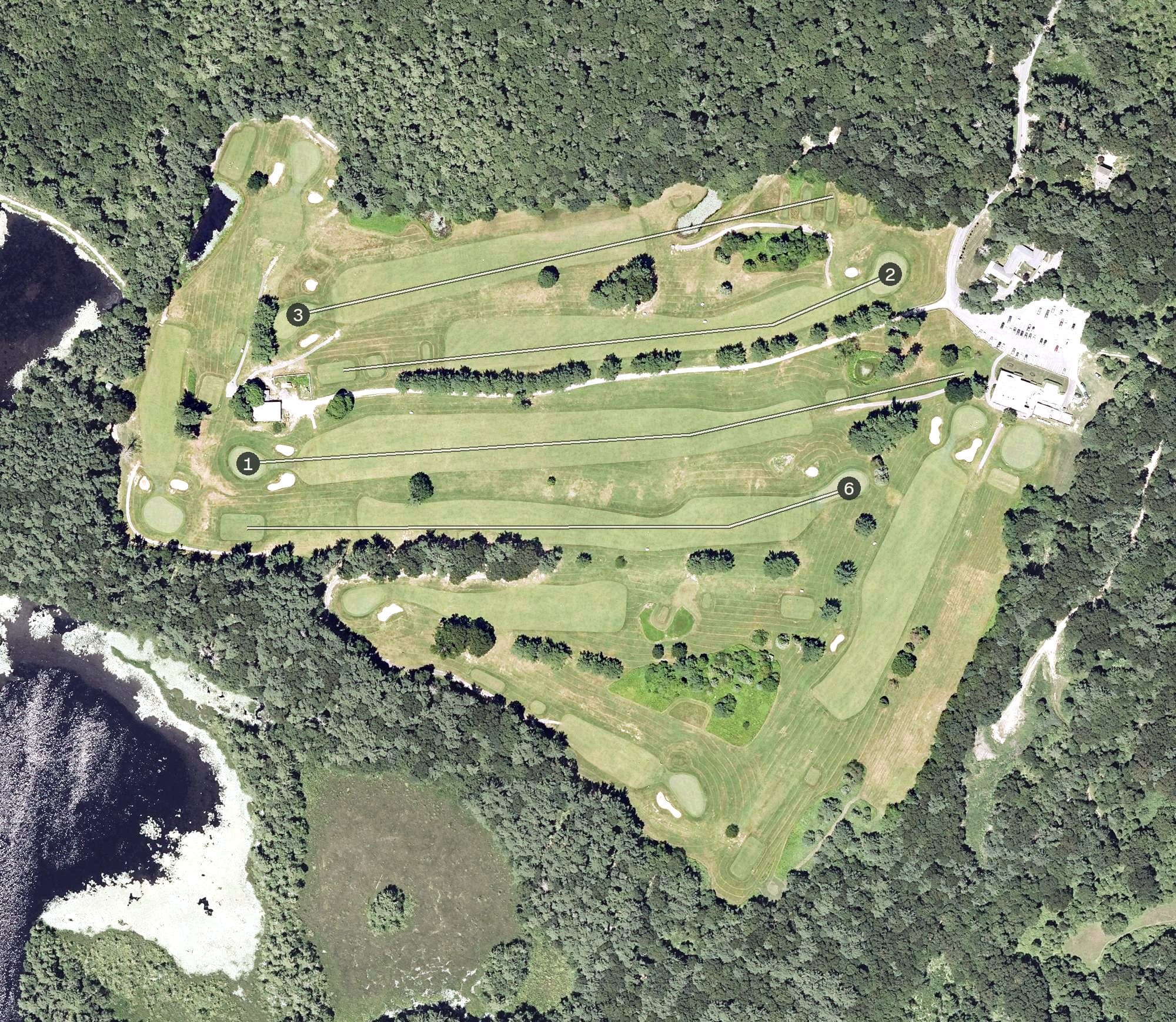 Aerial view of North Hill Country Club, MA, with its hole routing marked