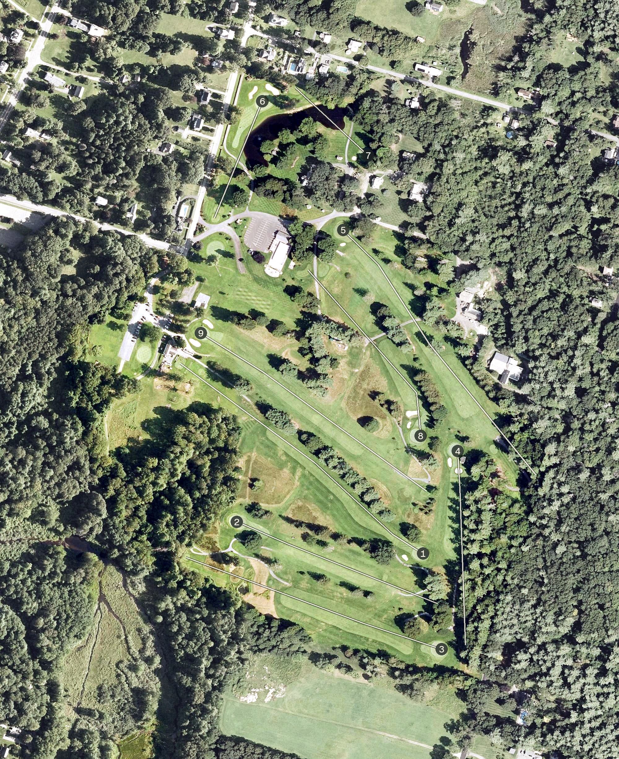 Aerial view of Northfield Golf Club, MA, with its hole routing marked