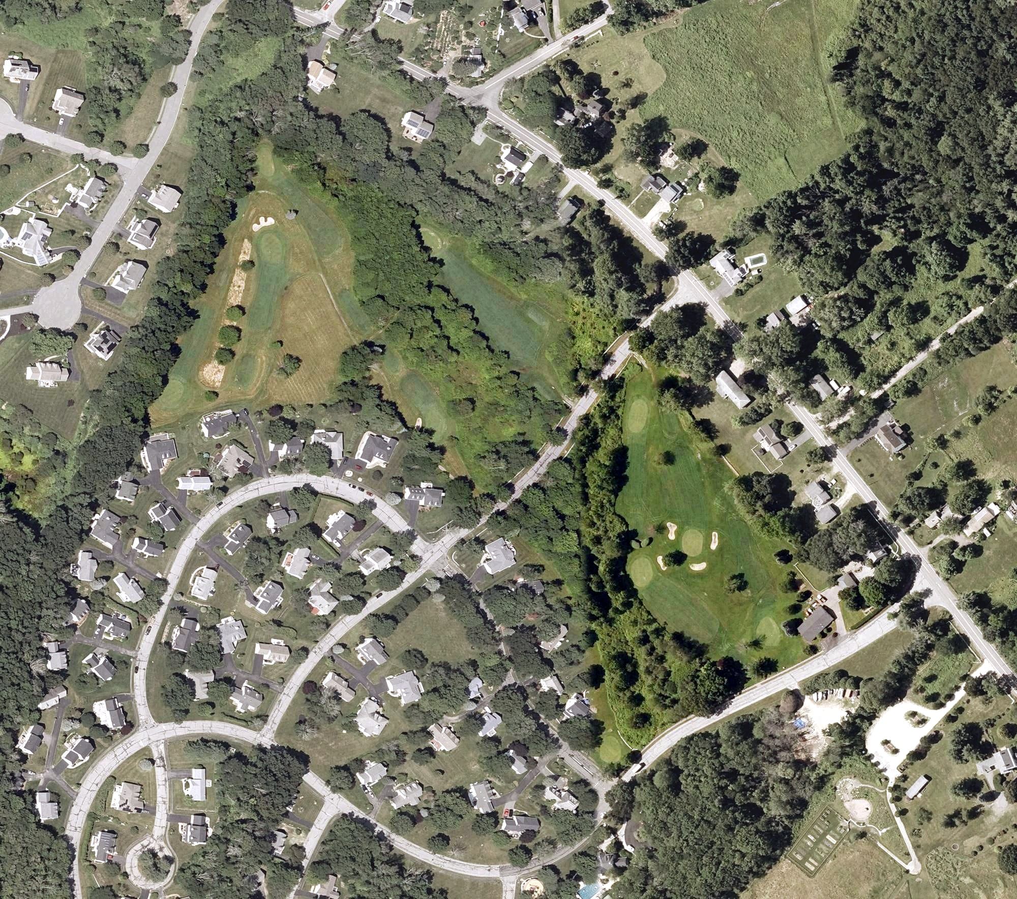 Aerial view of Northfields Golf Course, MA, with its hole routing marked