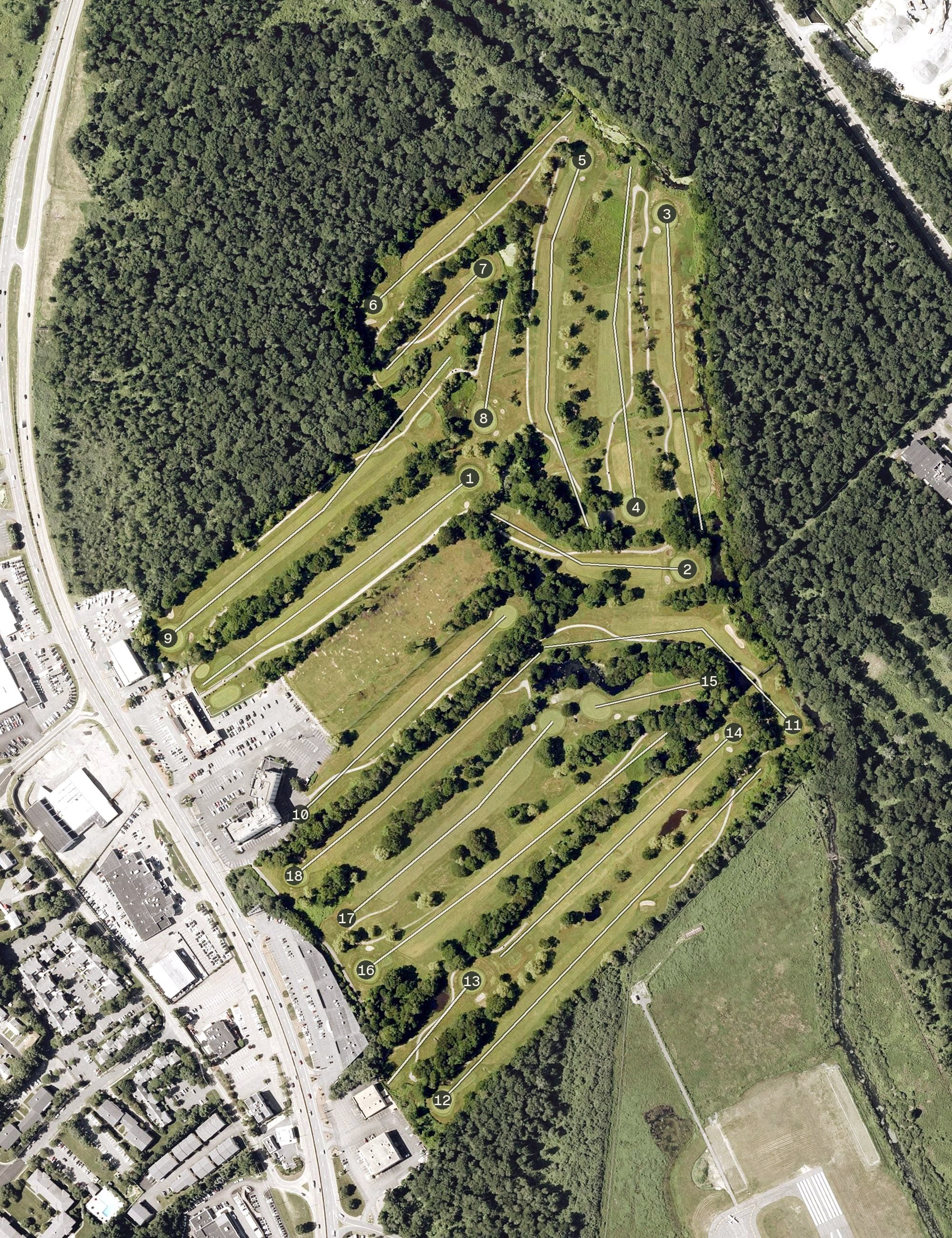 Aerial view of Norwood Country Club, MA, with its hole routing marked