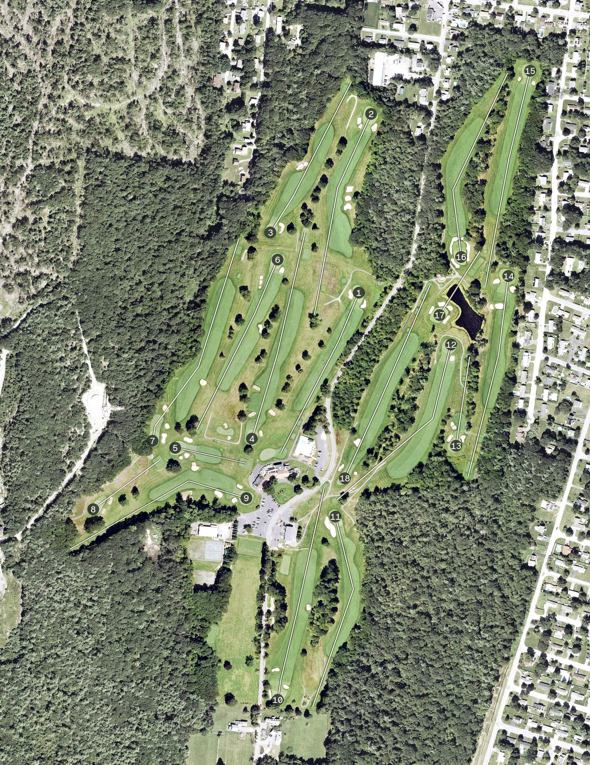 Aerial view of Oak Hill Country Club, MA, with its hole routing marked