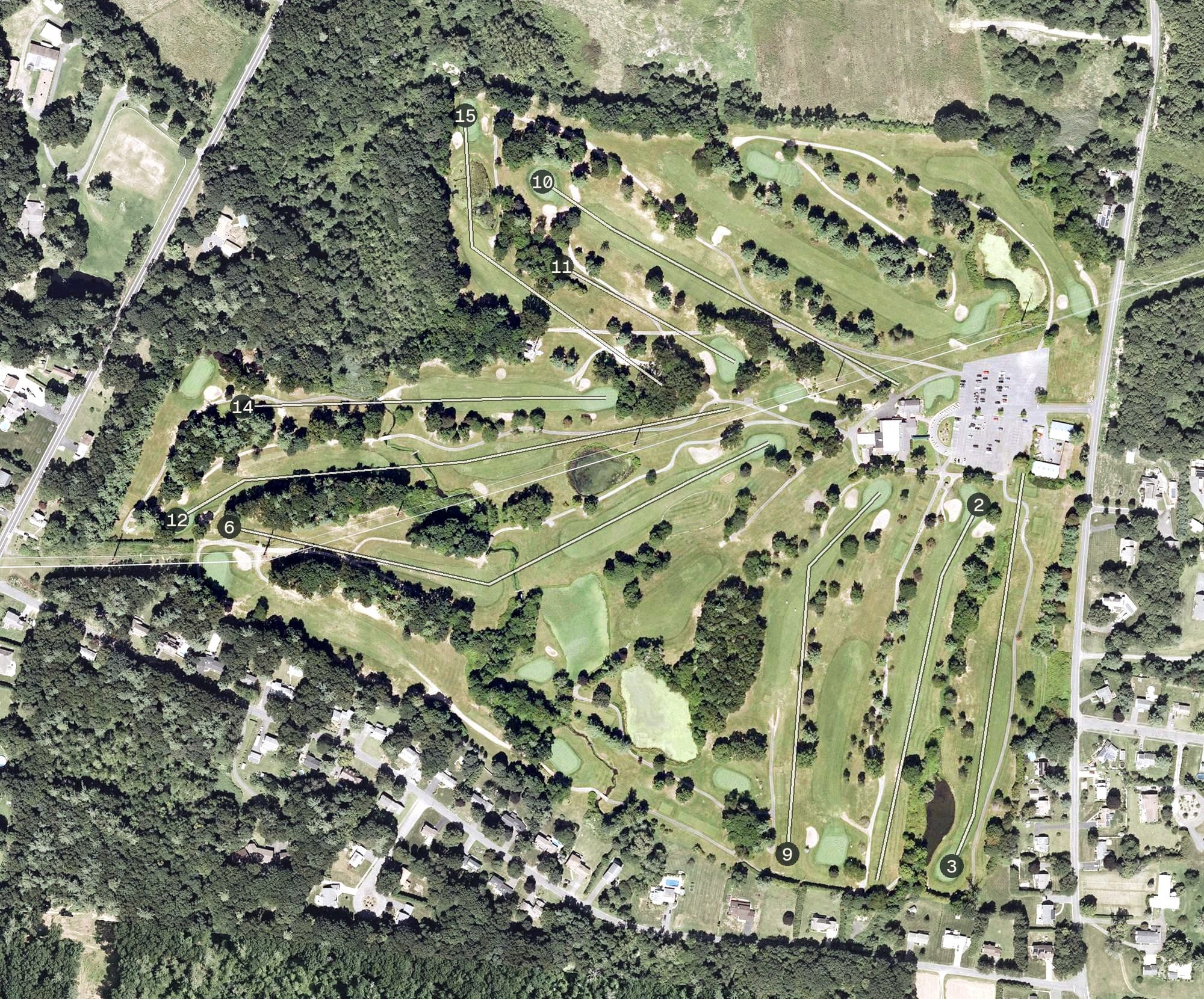 Aerial view of Oak Ridge Golf Club, MA, with its hole routing marked
