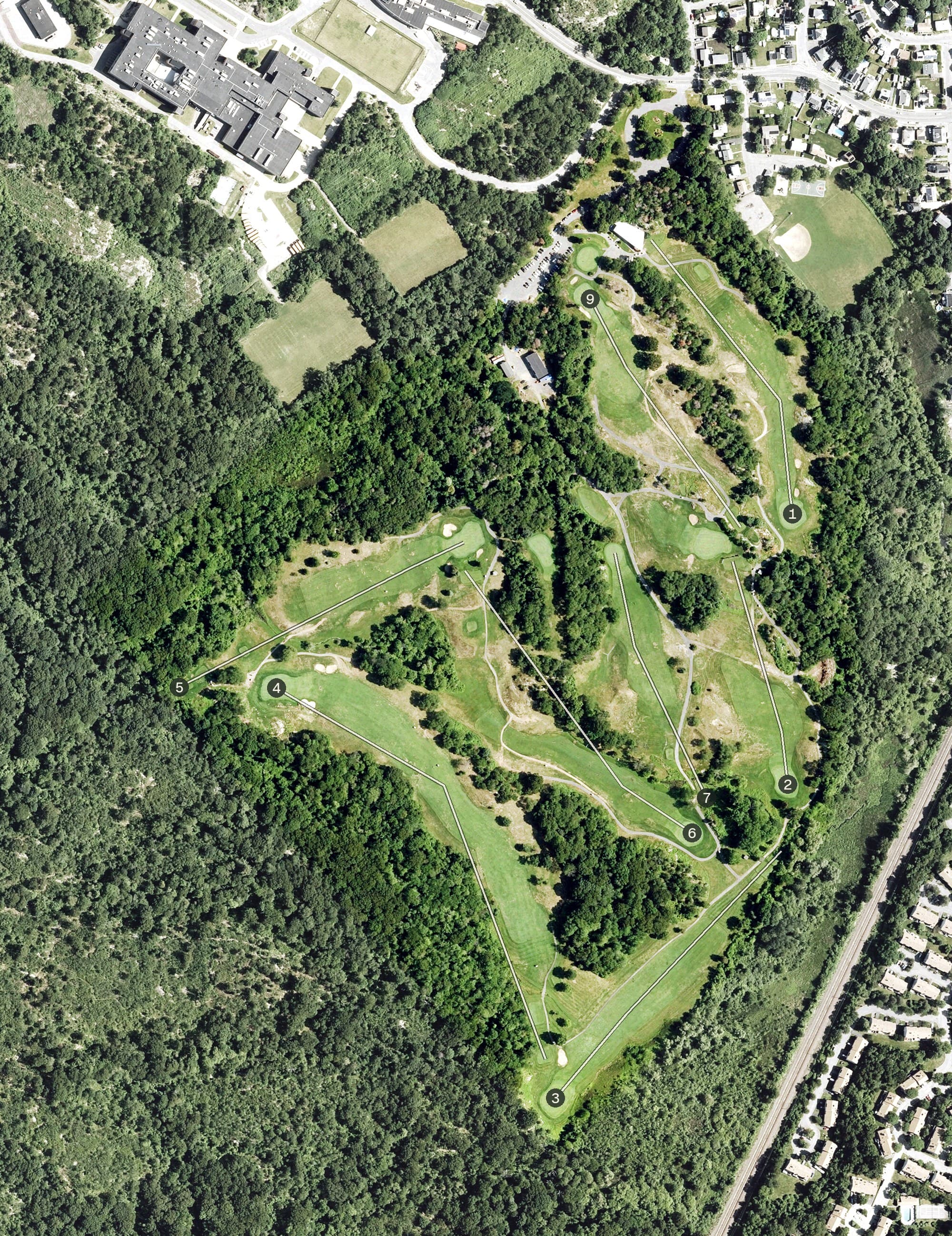 Aerial view of Olde Salem Greens, MA, with its hole routing marked