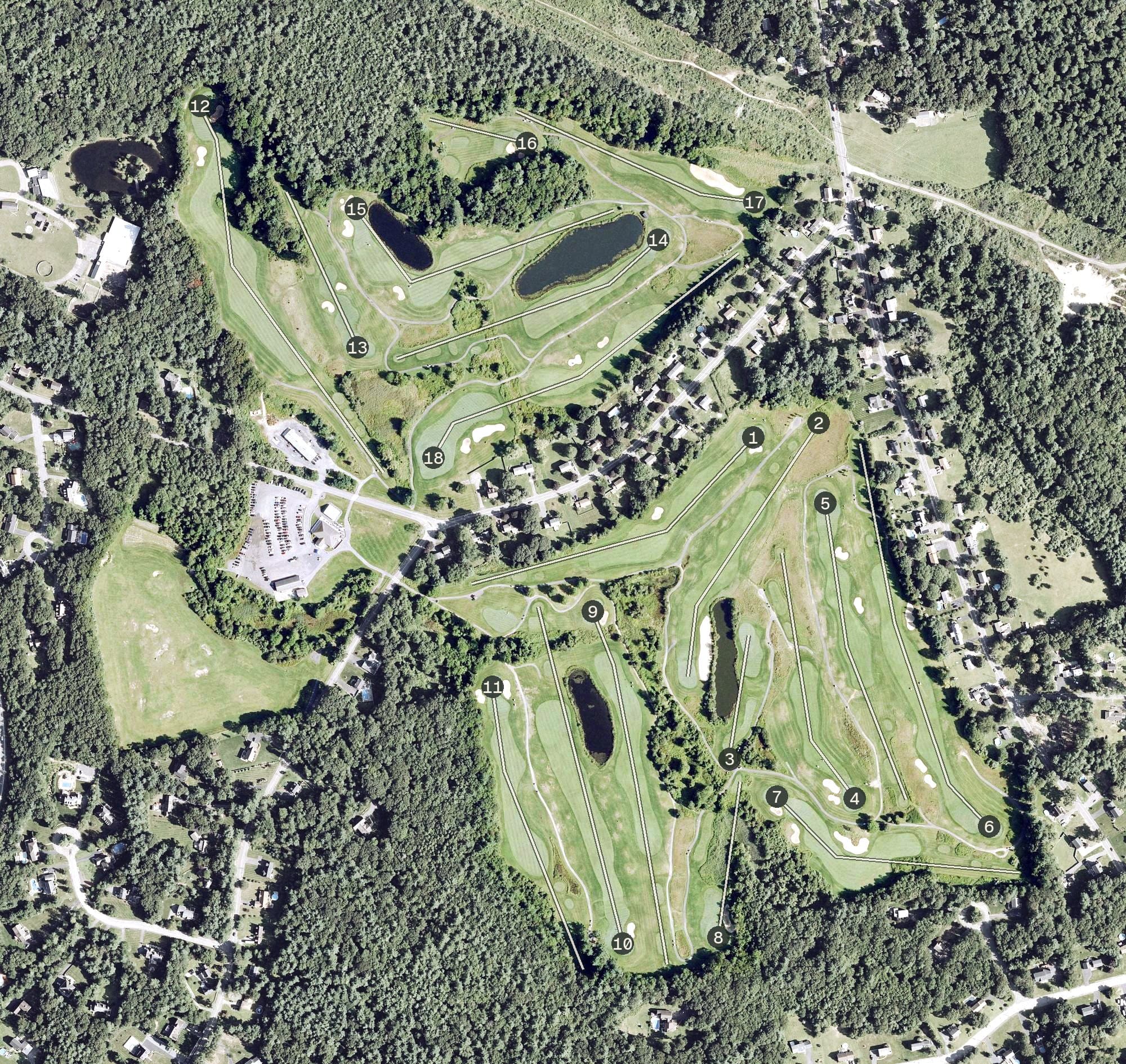Aerial view of Olde Scotland Links, MA, with its hole routing marked