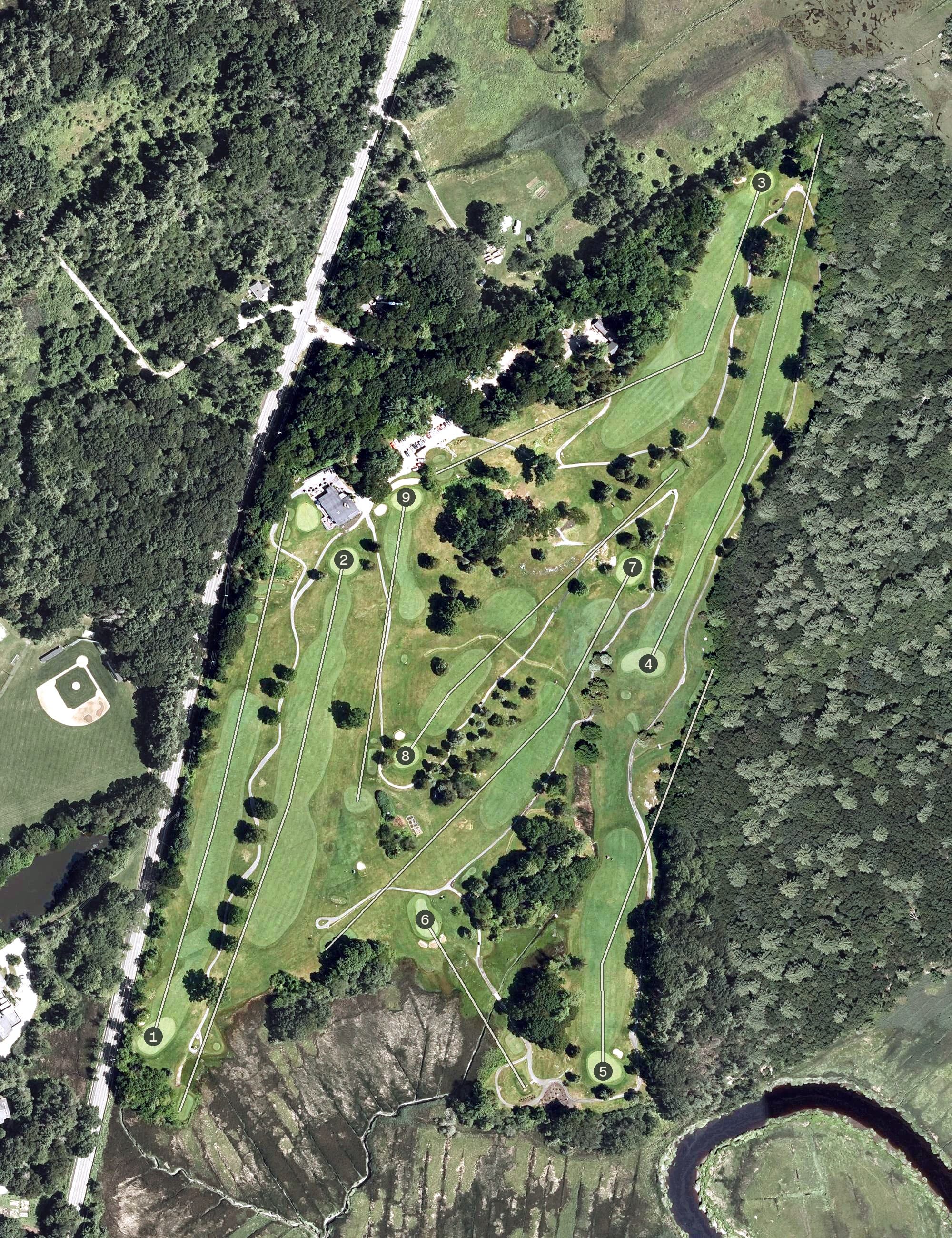 Aerial view of Ould Newbury Golf Club, MA, with its hole routing marked