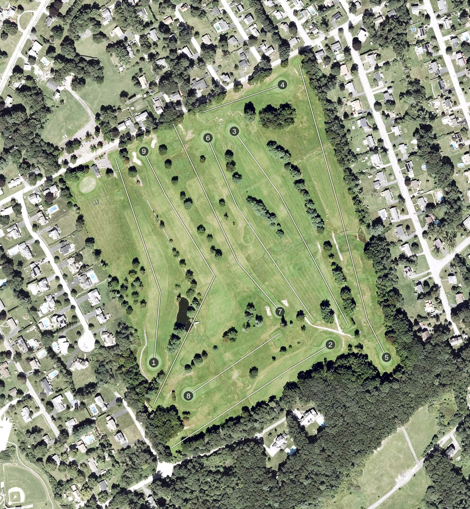 Aerial view of Pakachoag Golf Course, MA, with its hole routing marked
