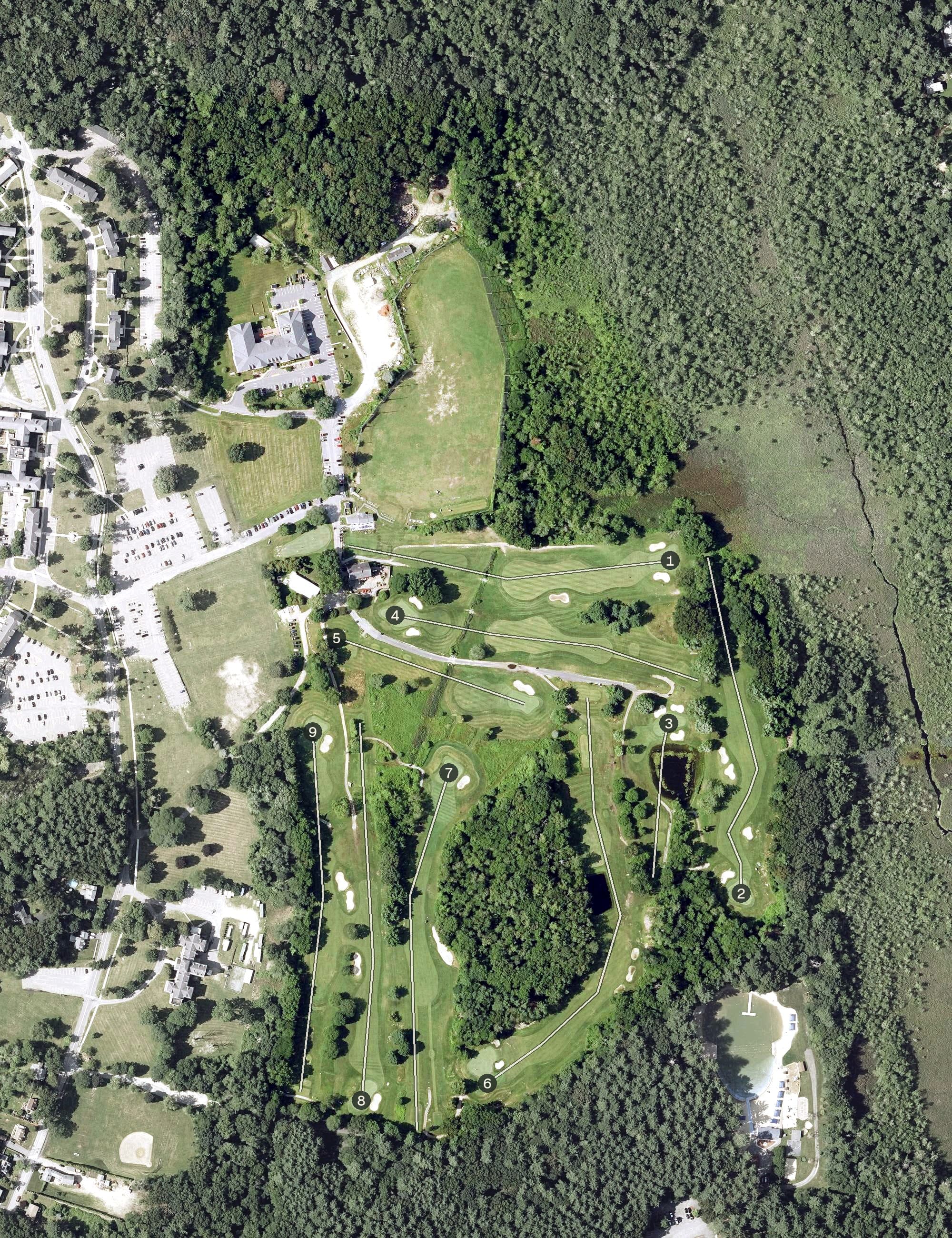Aerial view of Patriot Golf Course, MA, with its hole routing marked