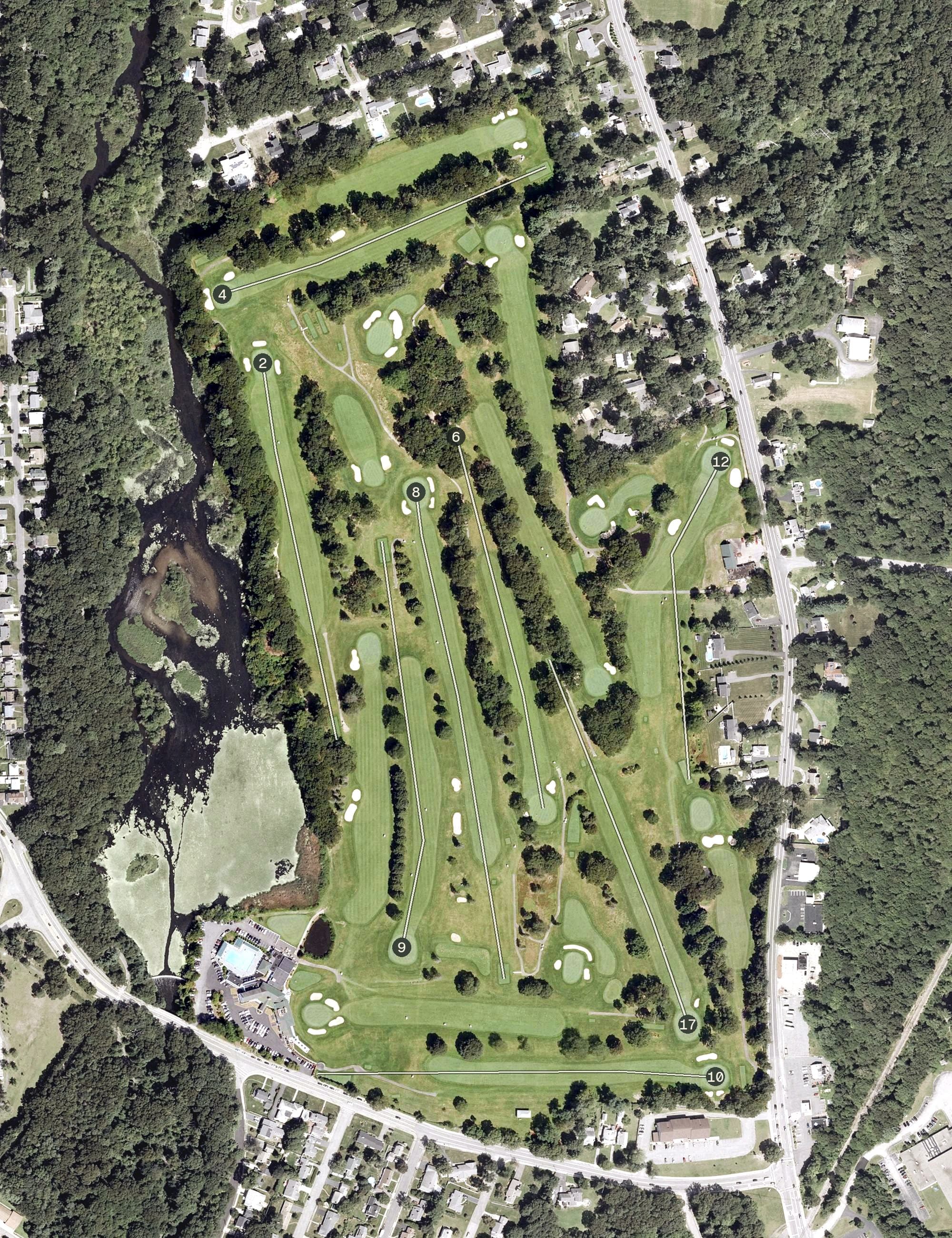 Aerial view of Pawtucket Country Club, MA, with its hole routing marked