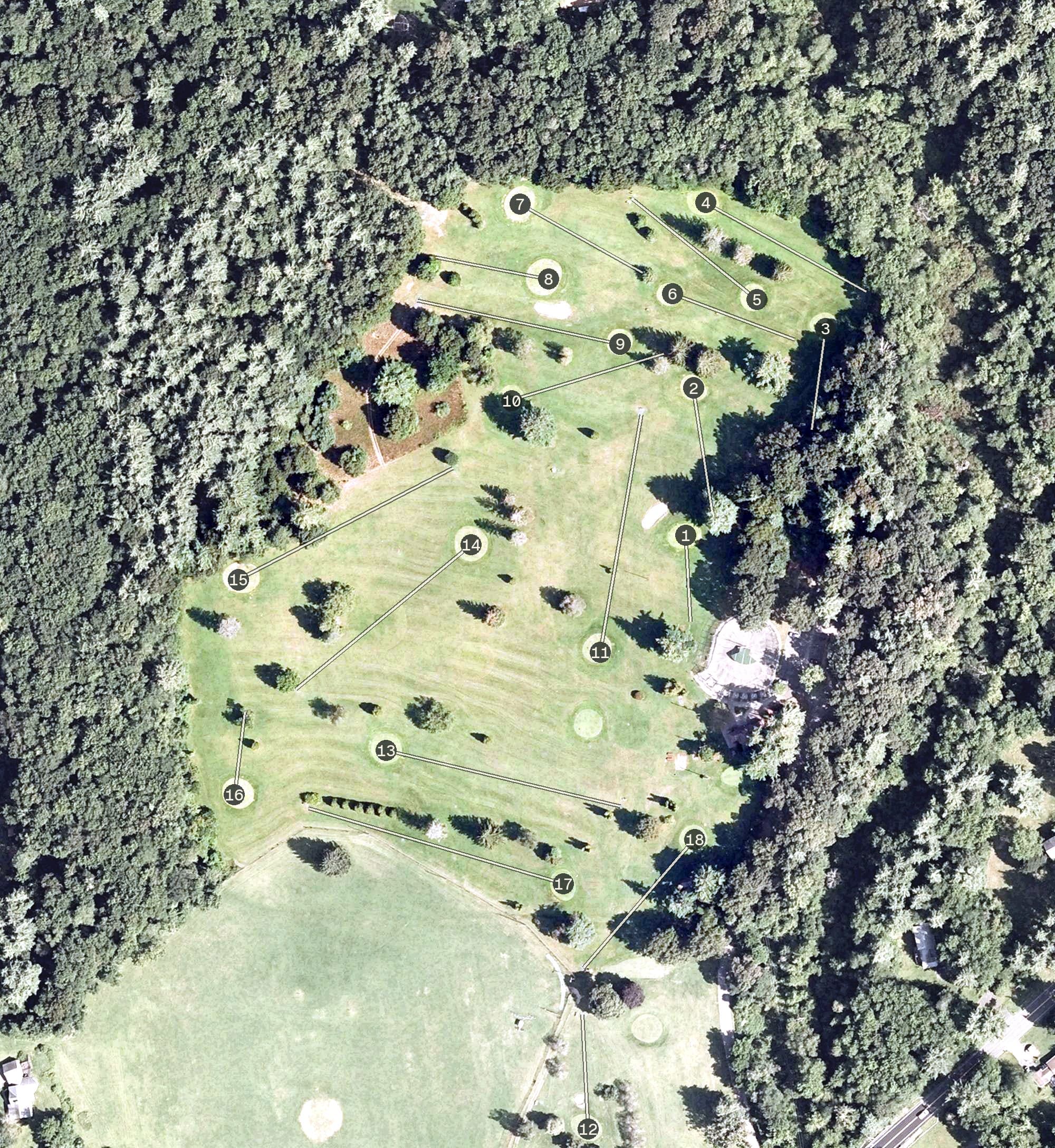 Aerial view of Pine Knoll Golf Course, MA, with its hole routing marked