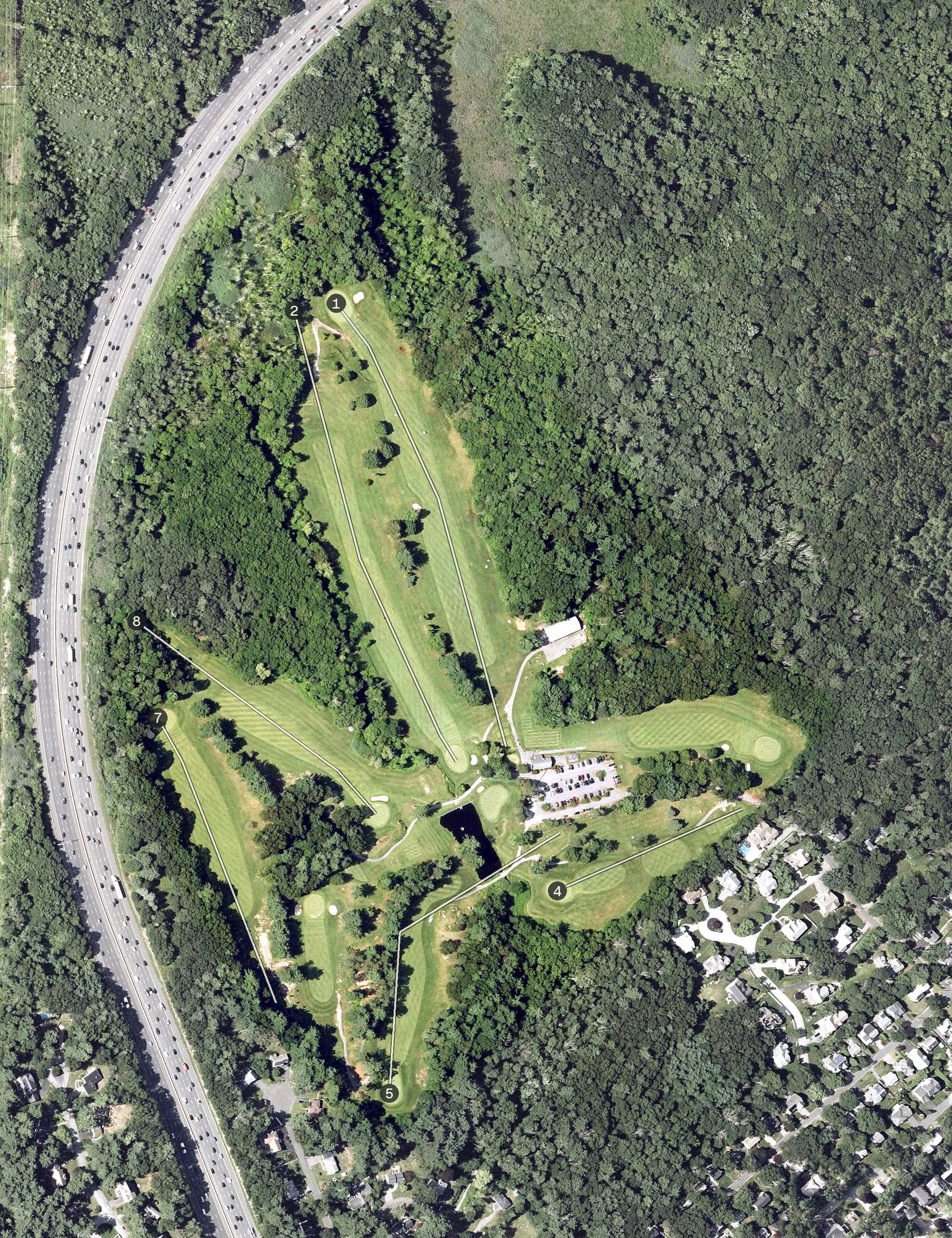 Aerial view of Pine Meadows Golf Course, MA, with its hole routing marked