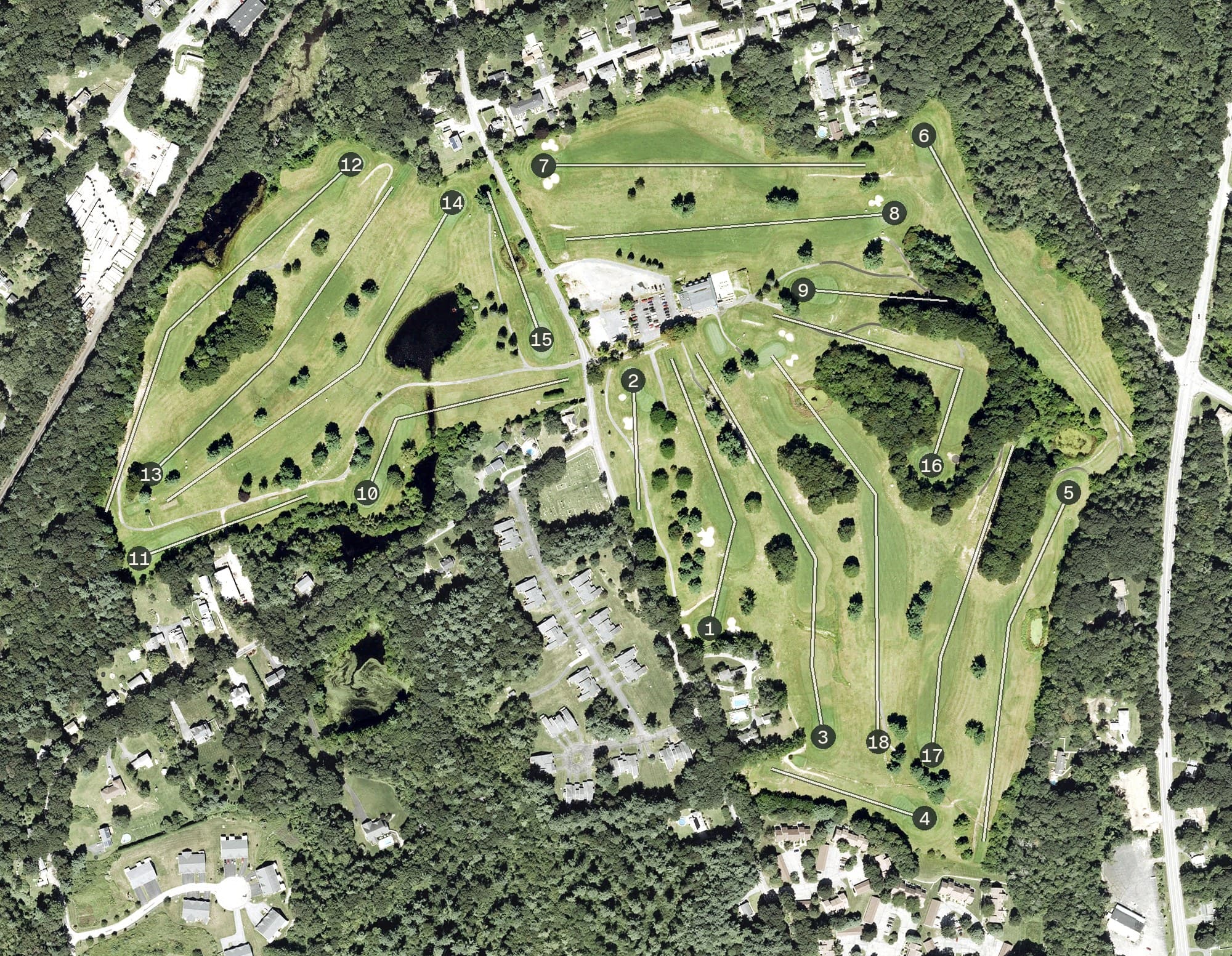 Aerial view of Pine Ridge, MA, with its hole routing marked