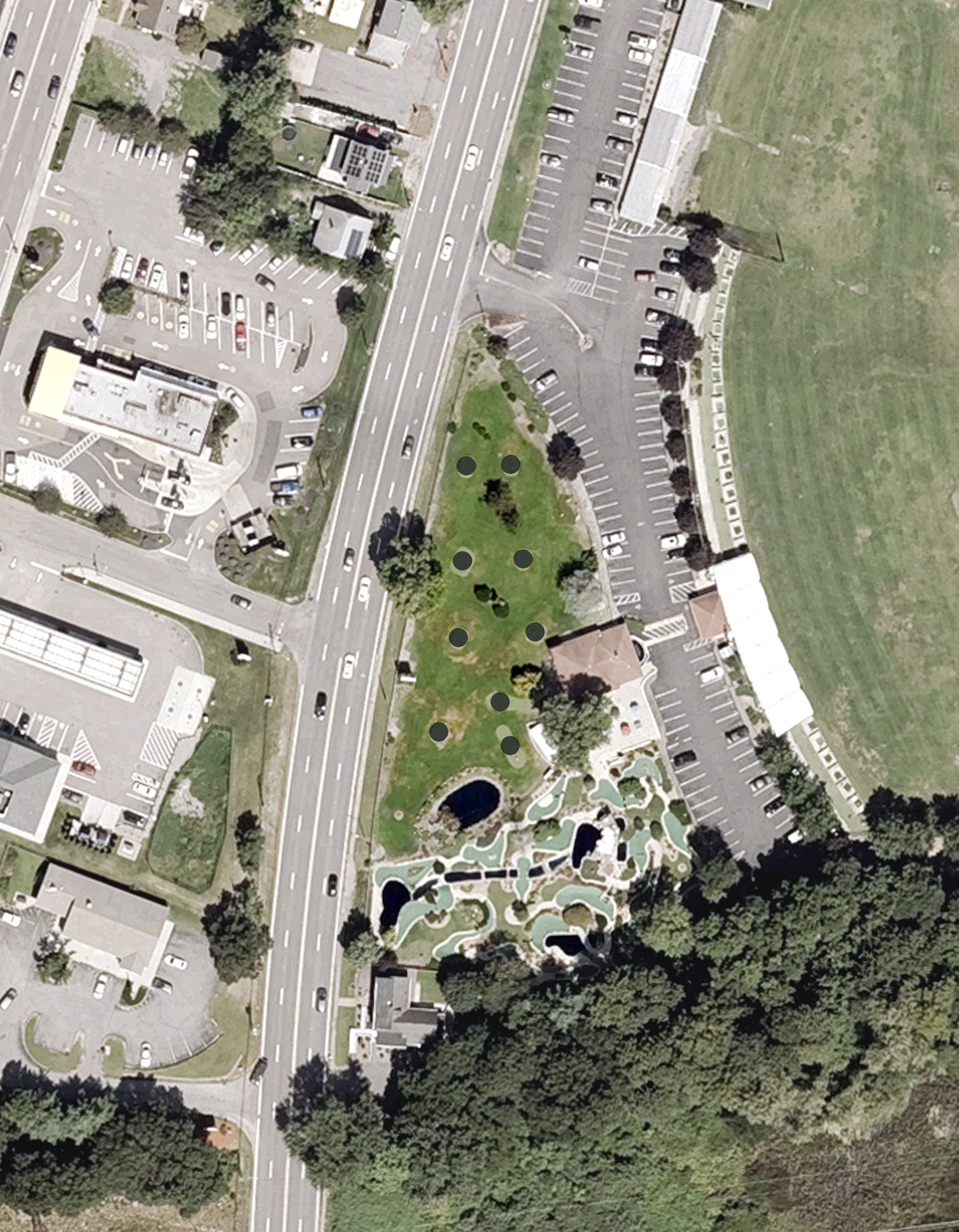 Aerial view of Pitch and Putt, MA, with its hole routing marked